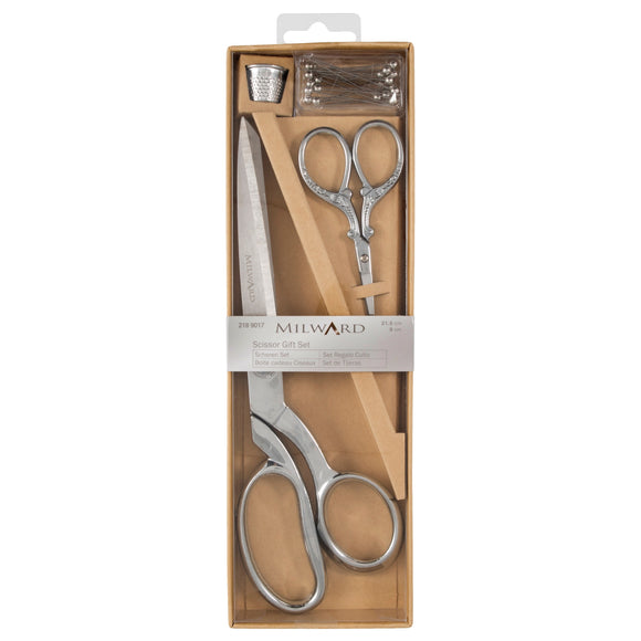 Tijeras Milward: Set de regalo: costura y bordado (21,5 cm x 9,5 cm), dedal y alfileres: plateados