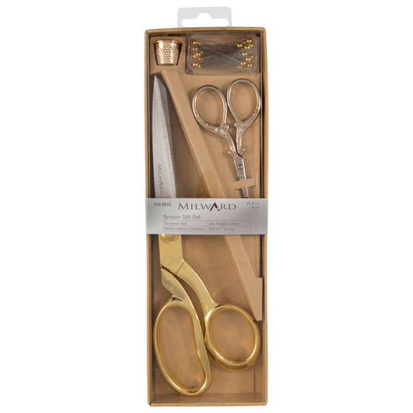 Tijeras Milward: Set de regalo: costura y bordado (21,5 cm-9,5 cm), dedal y alfileres: dorados