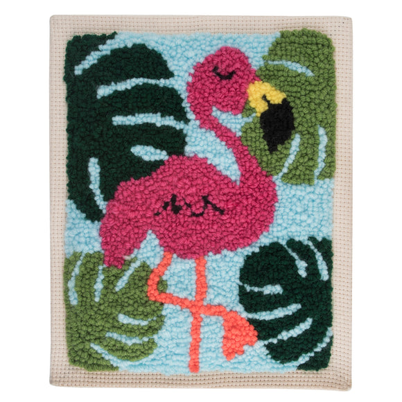 Kit de aguja perforadora Trimits, hilo y bastidor: flamenco, 15,2 cm de diámetro, incluye hilo de bordar, bastidor, tela, aguja perforadora, instrucciones en inglés, francés y alemán