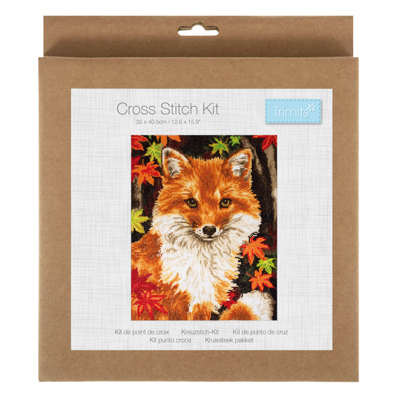 Kit de punto de cruz contado Trimits Ð Grande: Zorro, 36 x 36 cm, incluye tela Aida, hilos preclasificados, aguja, alfabeto personalizable, instrucciones en inglés, francés y alemán