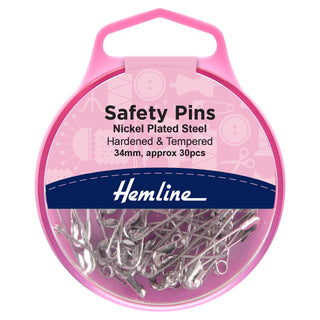Hemline Safety Pins: 34mm: Nickel: 30 Pieces