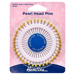 Hemline Pins: Pearl Head: Assorted: 38mm: Gold: 40 Pieces