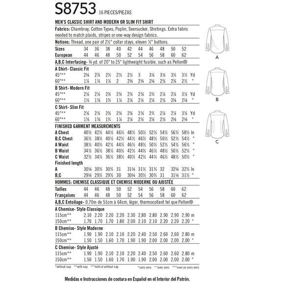 Patrón de costura Simplicity 8753 Camisa clásica, moderna y ajustada para hombre