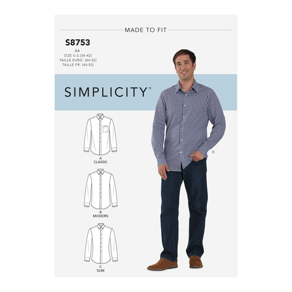 Patrón de costura Simplicity 8753 Camisa clásica, moderna y ajustada para hombre