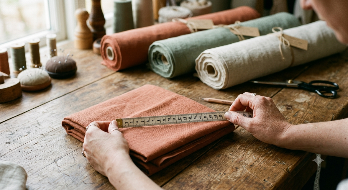 Hands measuring folded terracotta fabric with a tape measure beside rolls of fabric