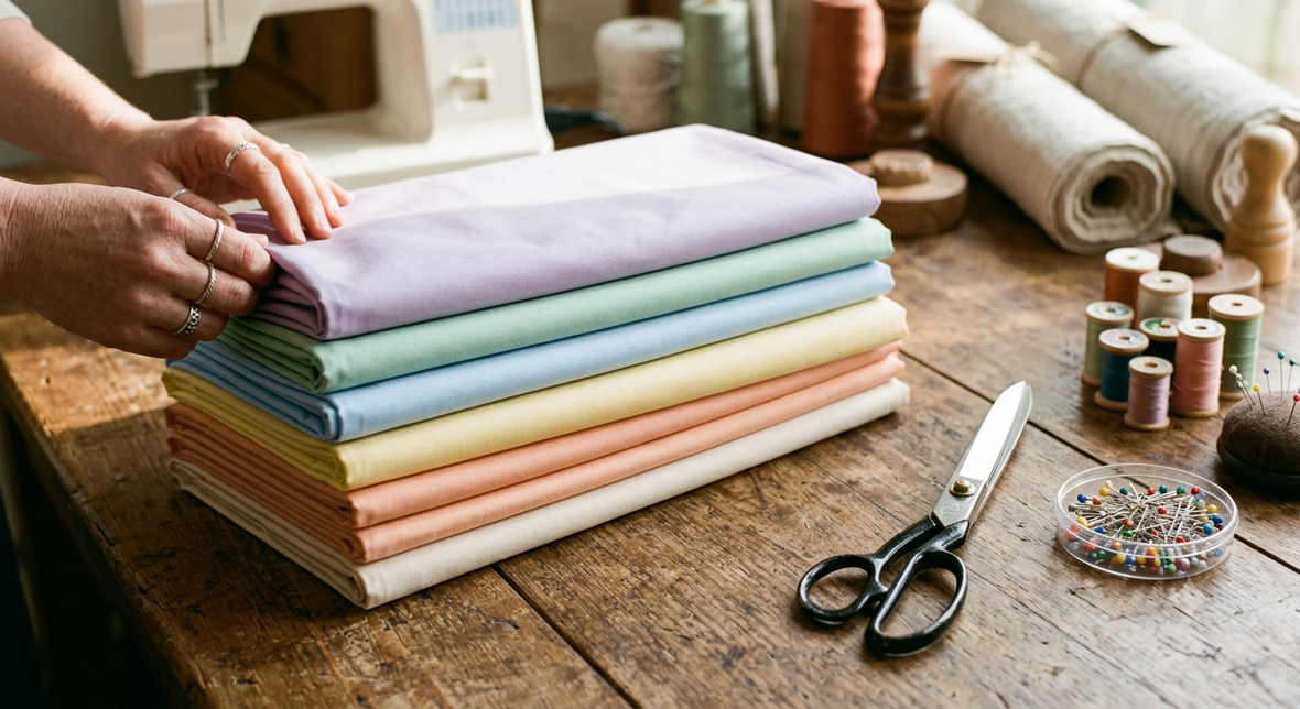 Stack of folded pastel cotton fabrics on a wooden table with scissors and pins