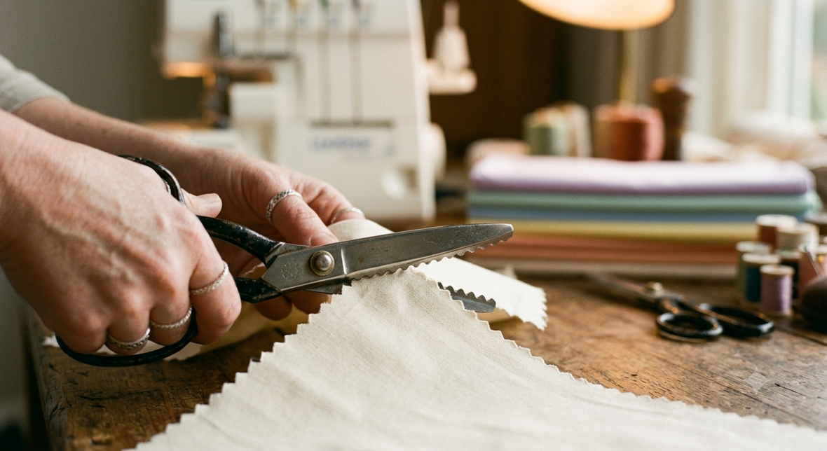 Pinking shears cutting a zigzag edge on cream fabric with an overlocker blurred behind