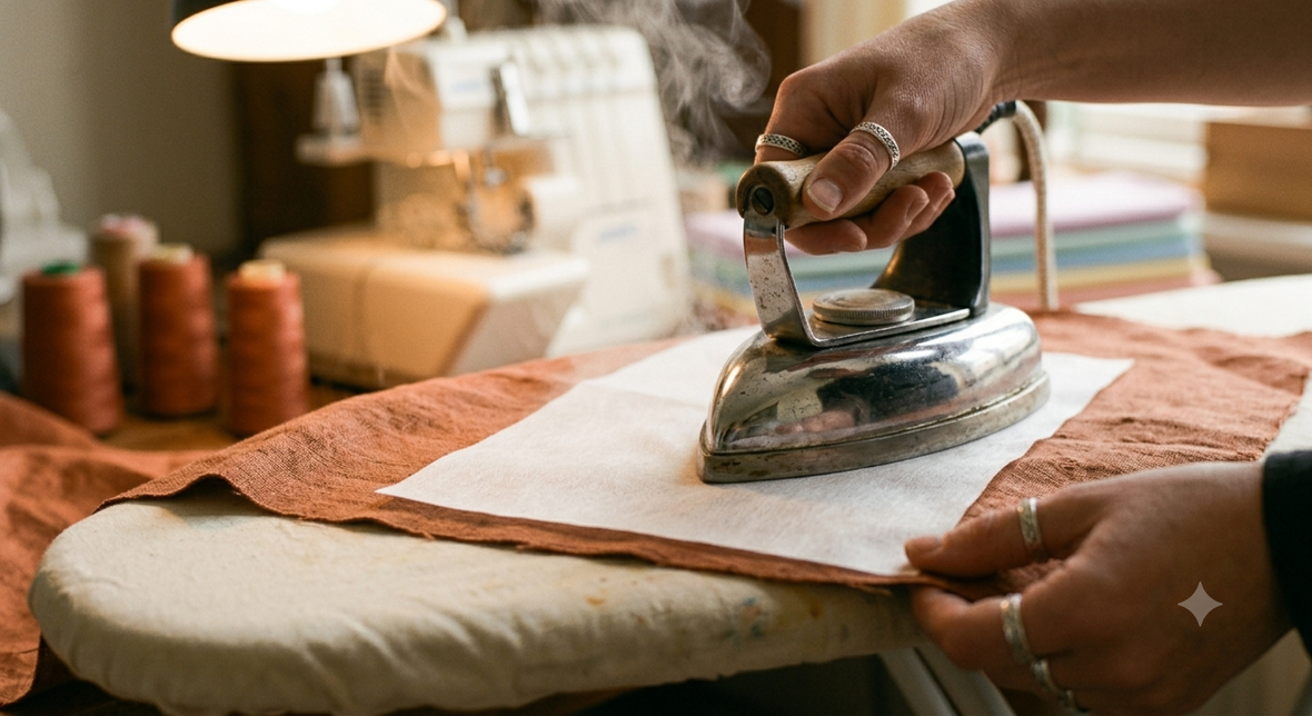 Vintage iron pressing white interfacing onto terracotta fabric with steam rising