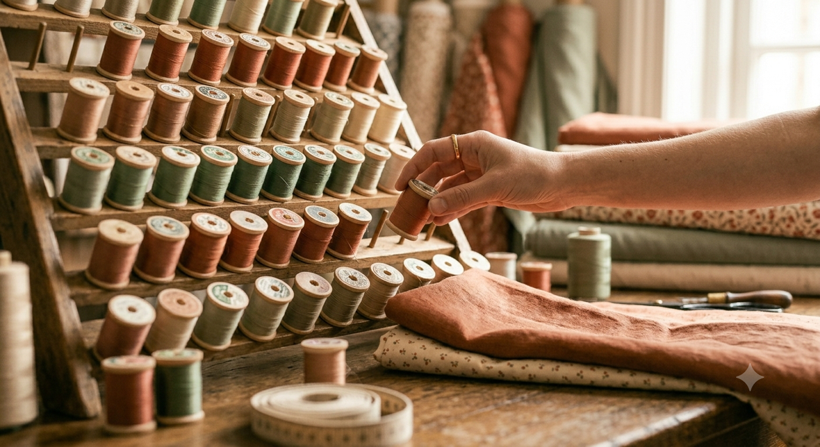 Hand lifting a thread spool from a wooden rack to match against terracotta fabric