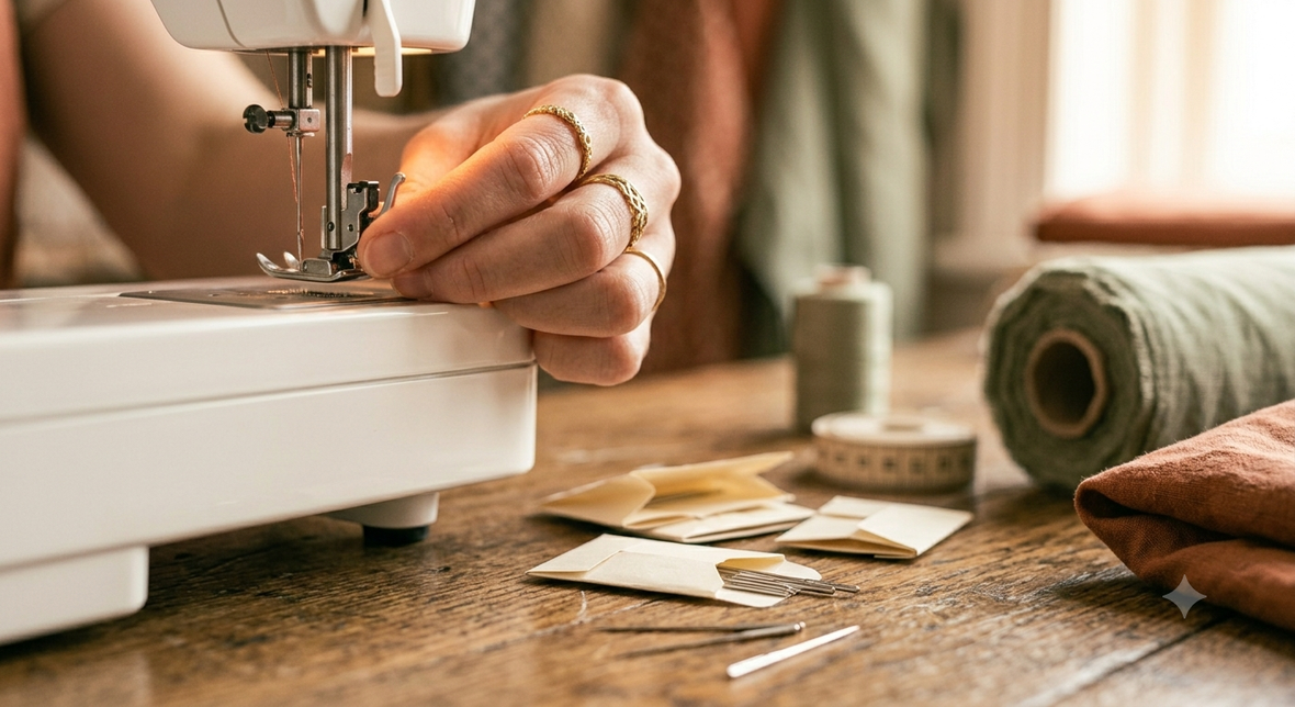 Inserting a fresh needle into a sewing machine with needle packets on the table