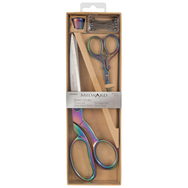 Milward Scissors: Gift Set: Dressmaking and Embroidery (21.5cm-9.5cm), Thimble & Pins: Rainbow