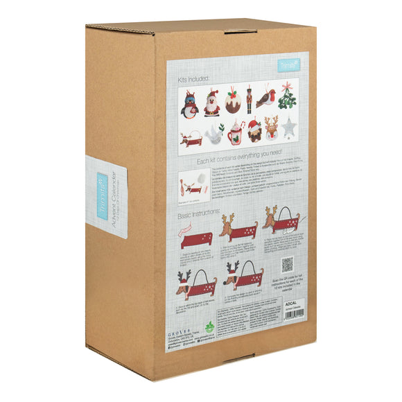 Adornos de fieltro para hacer uno mismo de Trimits: calendario de cuenta regresiva de Navidad de 12 puertas, incluye 12 kits festivos con fieltro, hilo, agujas y accesorios