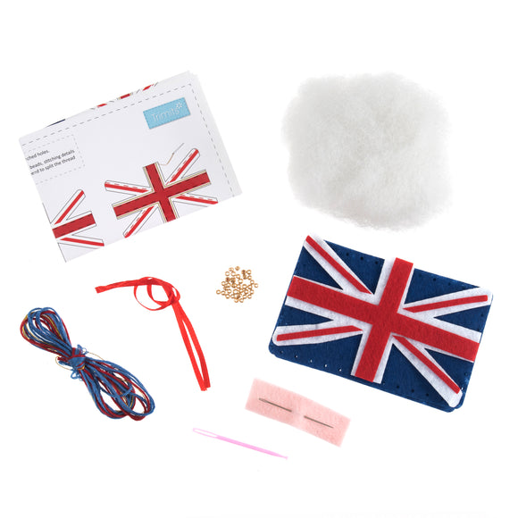Kit de decoración de fieltro Trimits: Union Jack, 2 x 6 x 13 cm, incluye fieltro precortado, relleno, cuentas, hilo e instrucciones