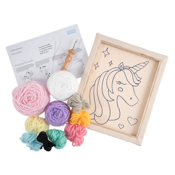 Kit de aguja perforadora Trimits: hilo y bastidor: unicornio, 15,2 cm de diámetro, incluye hilo de bordar, bastidor, tela, aguja perforadora, instrucciones en inglés, francés y alemán