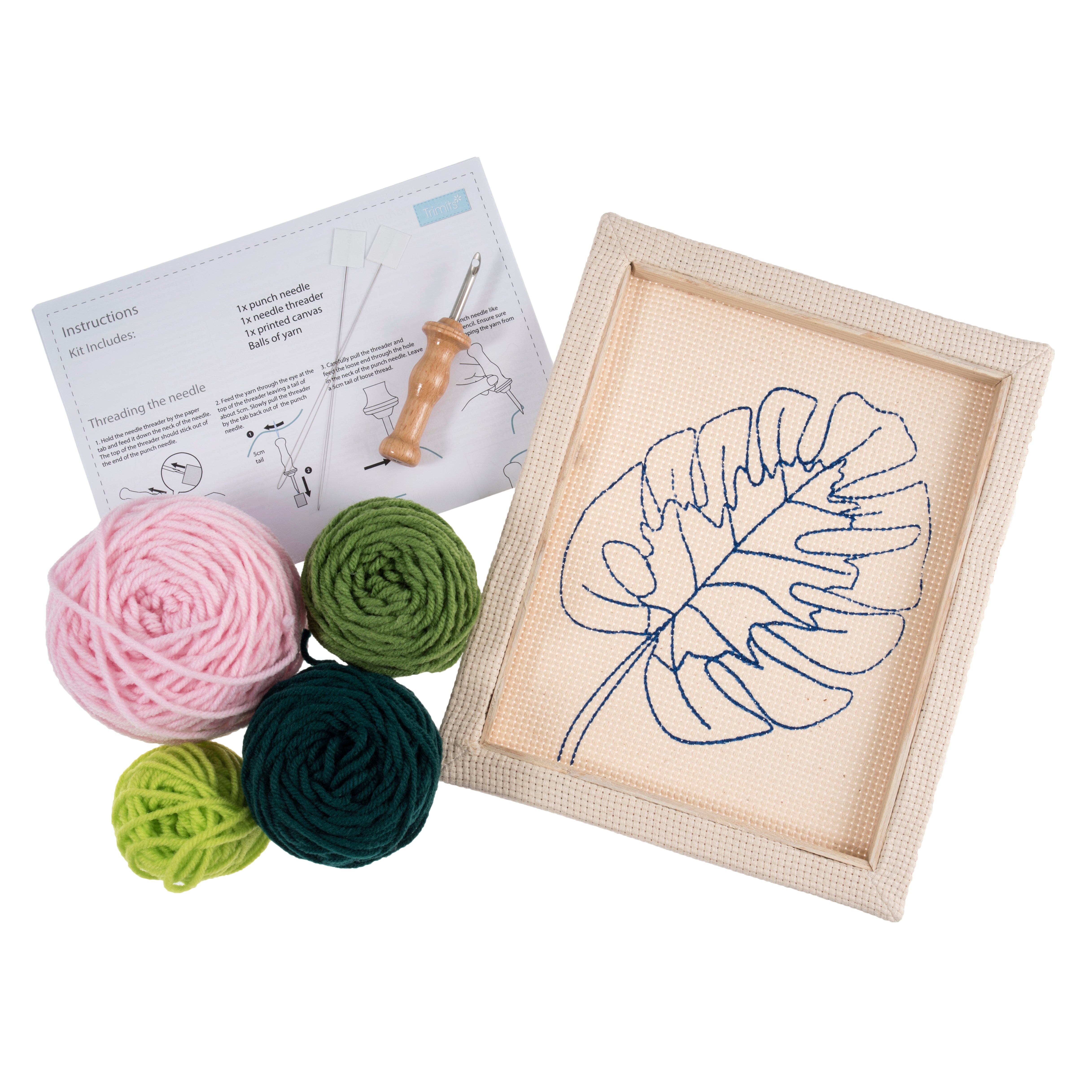 Trimits Punch Needle Kit Ð Floss and Hoop: Cheese Plant, 15.2cm Diameter, Includes Embroidery Floss, Hoop, Fabric, Punch Needle, Instructions in English, French, German - 0