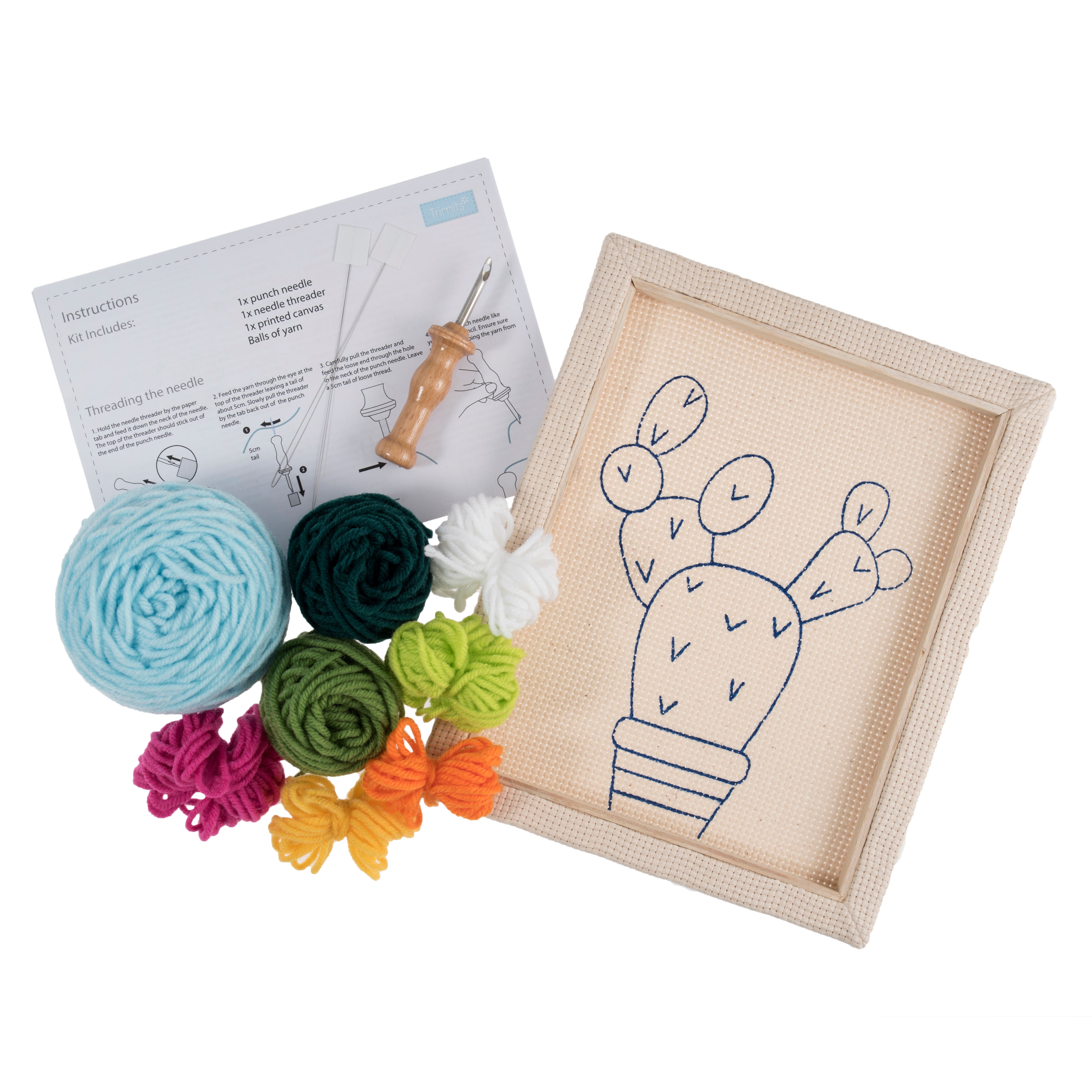 Trimits Punch Needle Kit Ð Floss and Hoop: Cactus, 15.2cm Diameter, Includes Embroidery Floss, Hoop, Fabric, Punch Needle, Instructions in English, French, German - 0