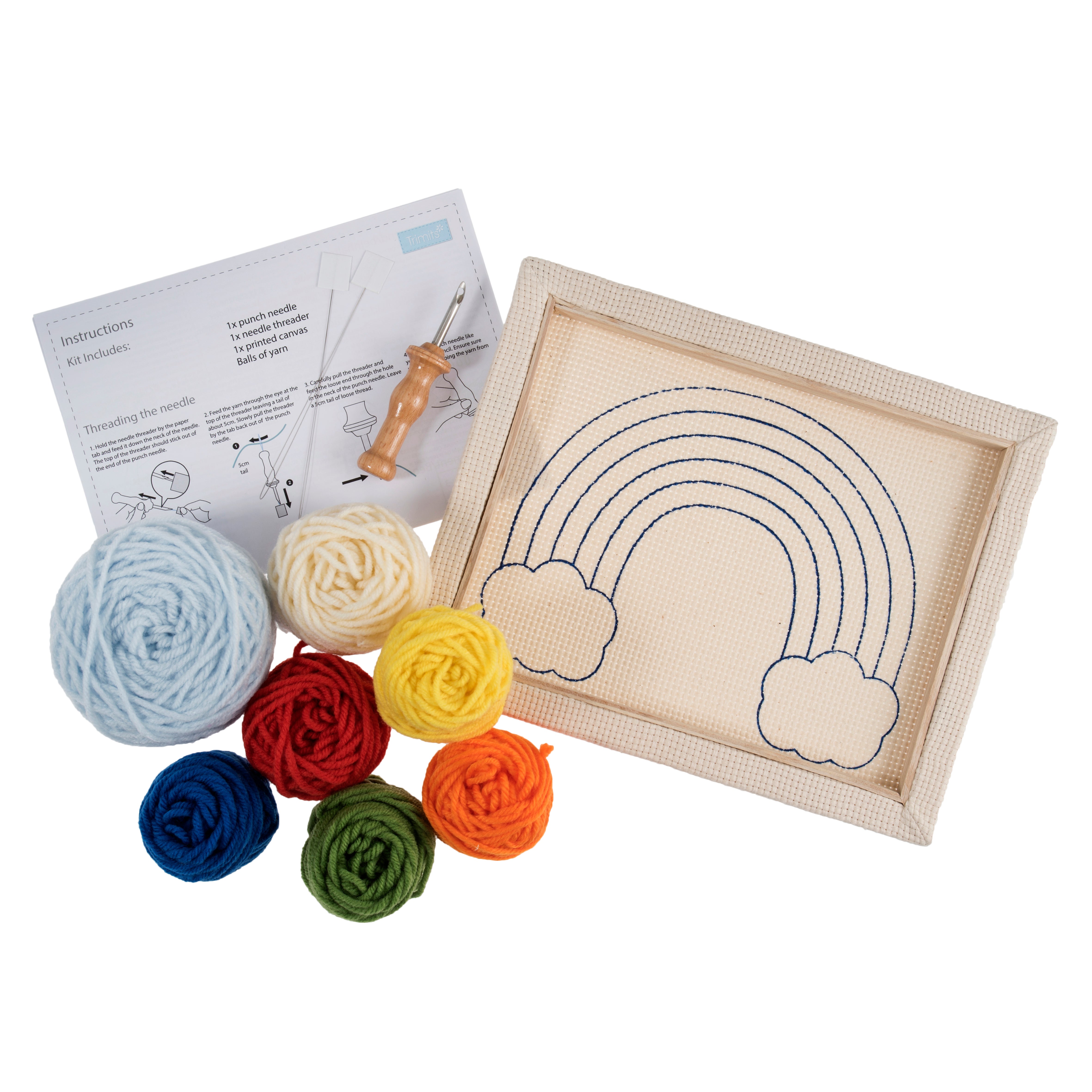 Trimits Punch Needle Kit Ð Floss and Hoop: Rainbow, 15.2cm Diameter, Includes Embroidery Floss, Hoop, Fabric, Punch Needle, Instructions in English, French, German - 0