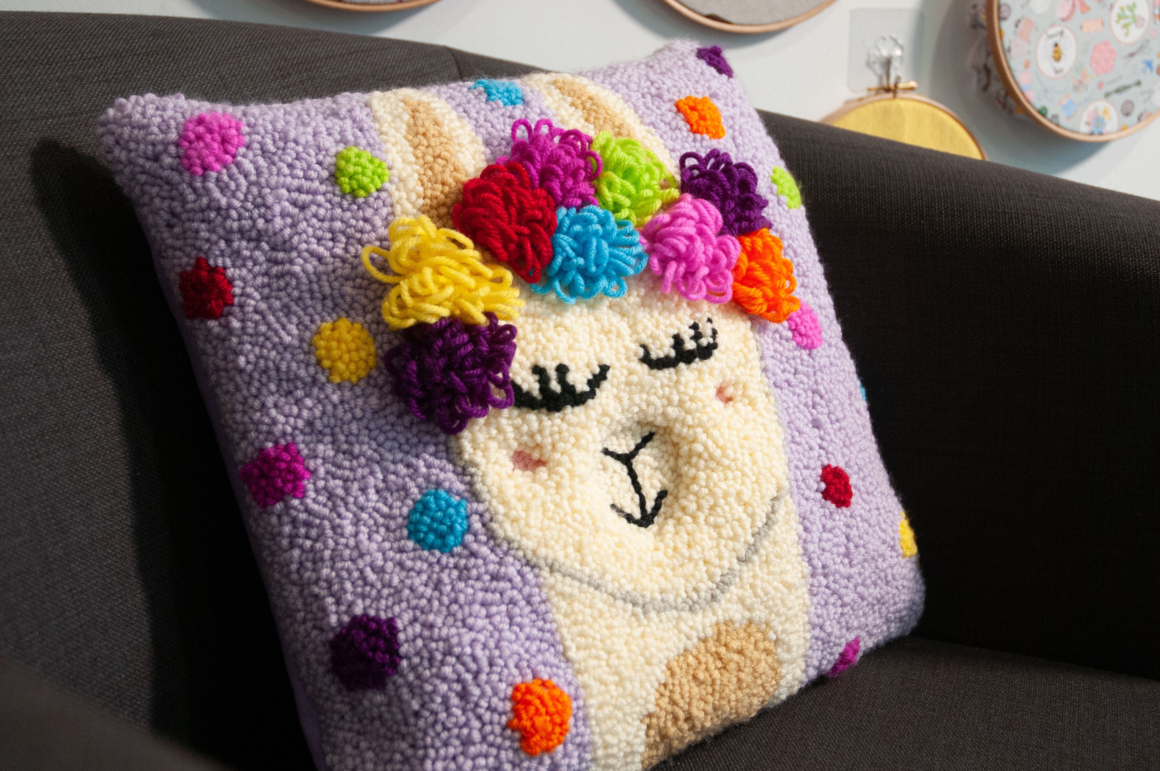 Trimits Punch Needle Kit Ð Cushion: Festival Llama, 36x36cm, Includes Punch Needle Tool, Yarn, Fabric, Cushion Back, Instructions in English, French, German - 0