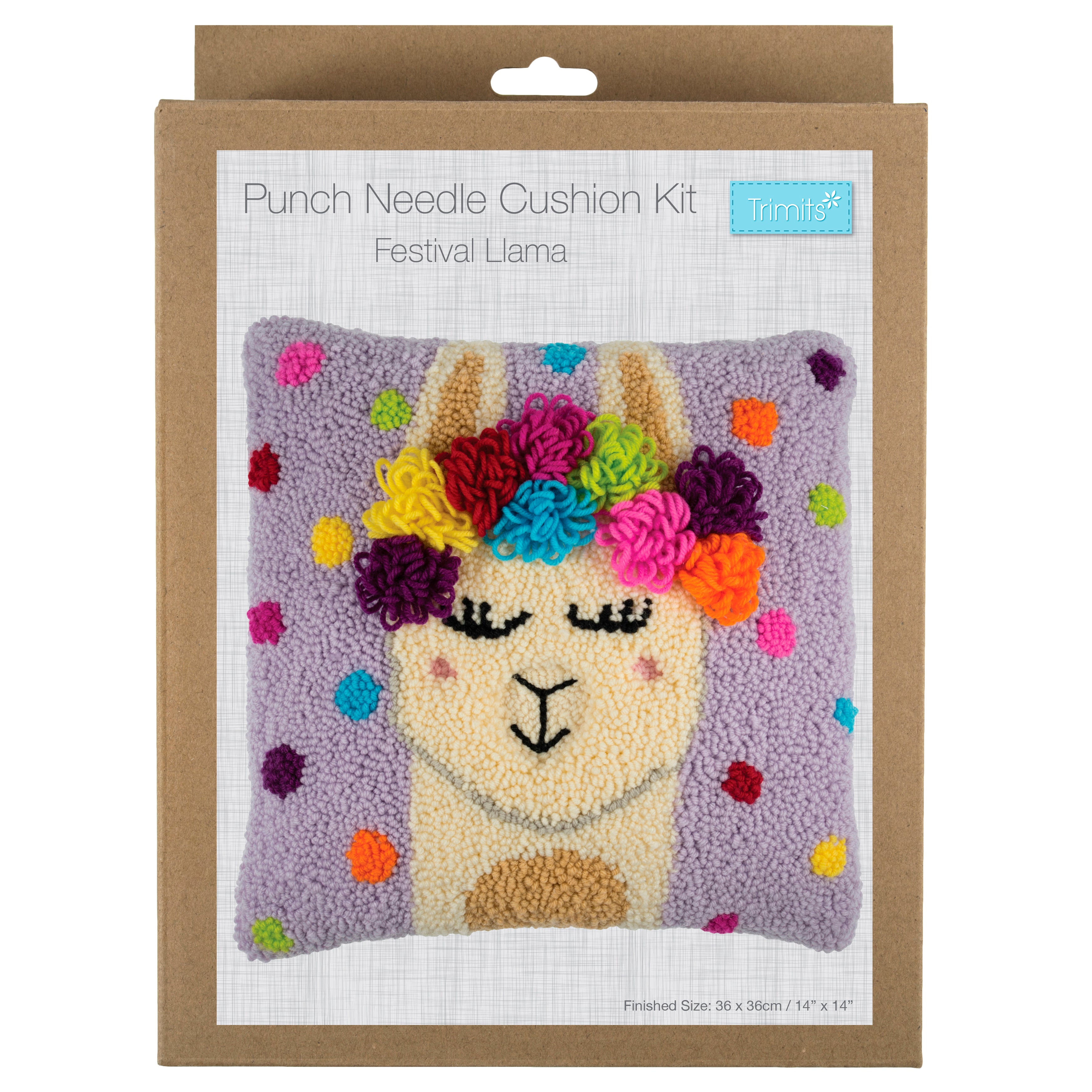 Trimits Punch Needle Kit Ð Cushion: Festival Llama, 36x36cm, Includes Punch Needle Tool, Yarn, Fabric, Cushion Back, Instructions in English, French, German