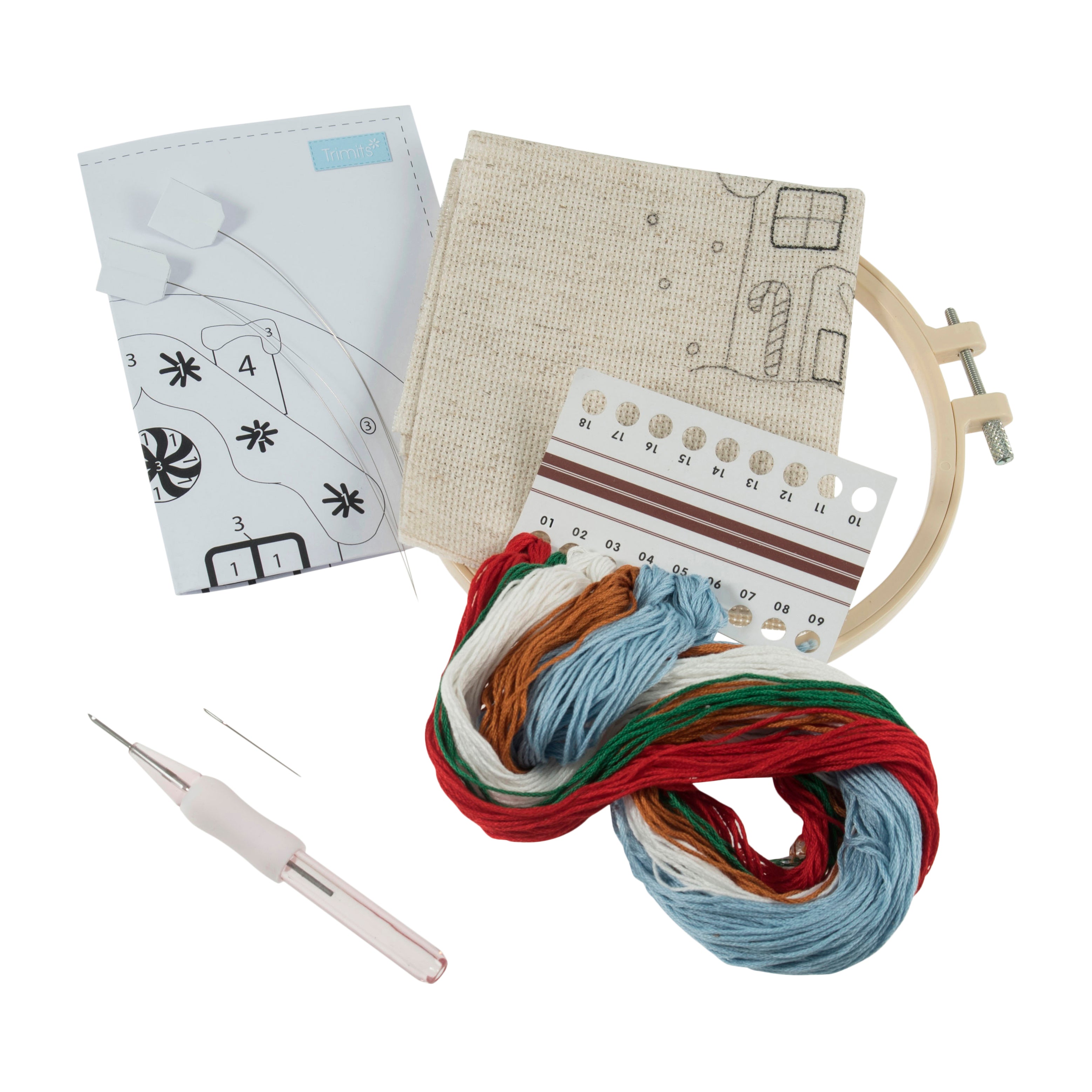 Trimits Punch Needle Kit Ð Floss and Hoop: Christmas Gingerbread House, 15.2cm Diameter, Includes Floss, Hoop, Fabric, Punch Needle, and Instructions