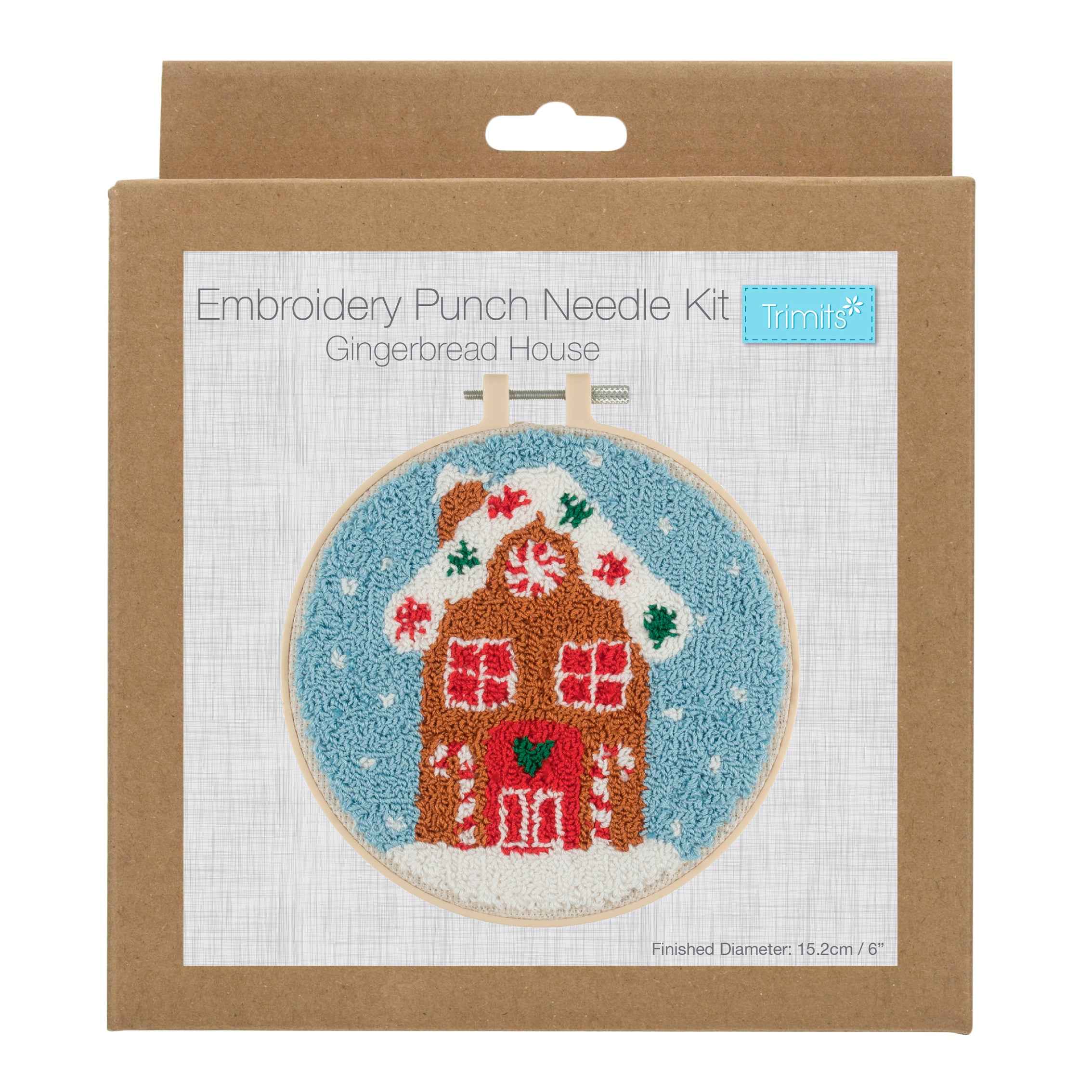 Trimits Punch Needle Kit Ð Floss and Hoop: Christmas Gingerbread House, 15.2cm Diameter, Includes Floss, Hoop, Fabric, Punch Needle, and Instructions