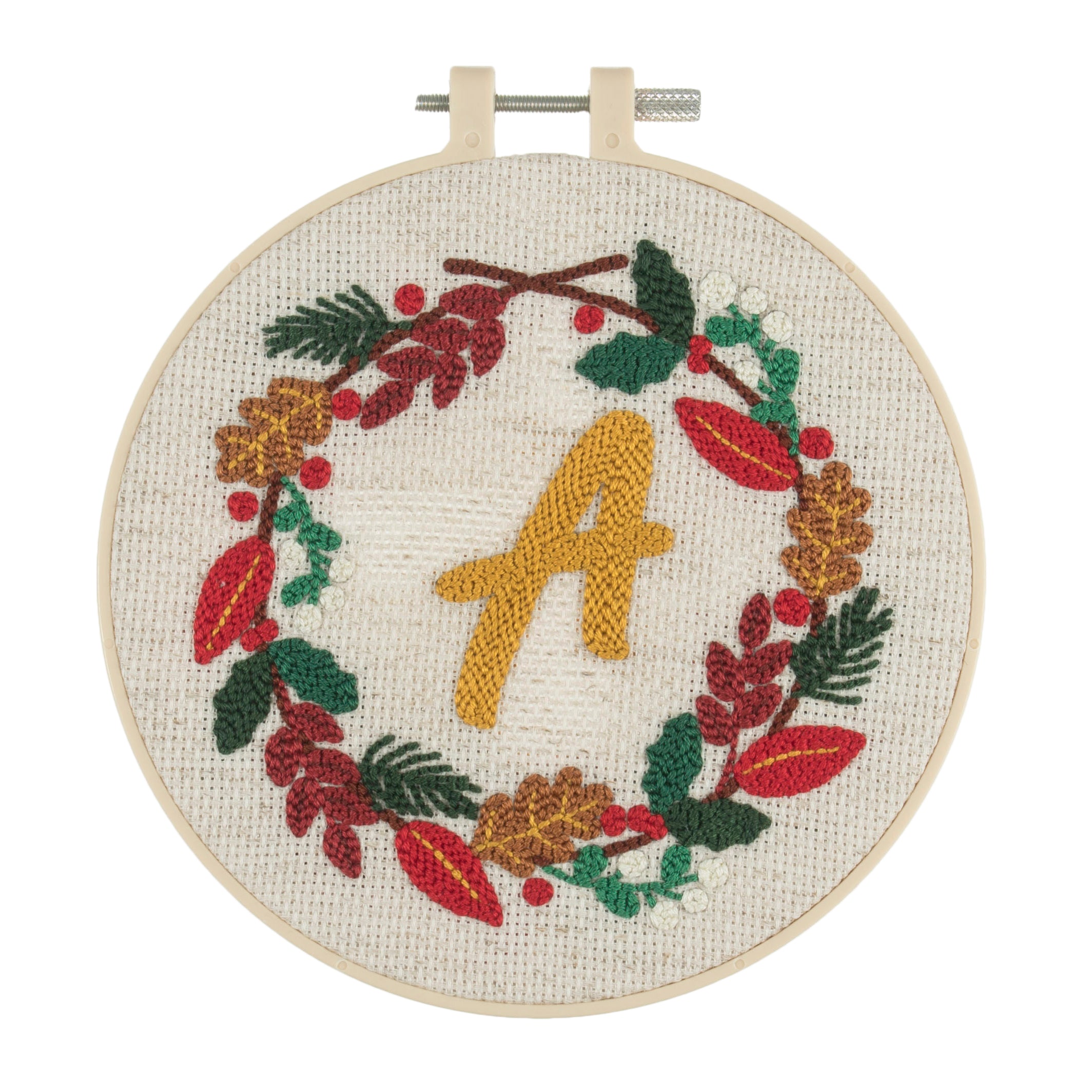 Trimits Punch Needle Kit Ð Floss and Hoop: Christmas Monogram Wreath, 15.2cm Diameter, Includes Floss, Hoop, Fabric, Punch Needle, and Instructions