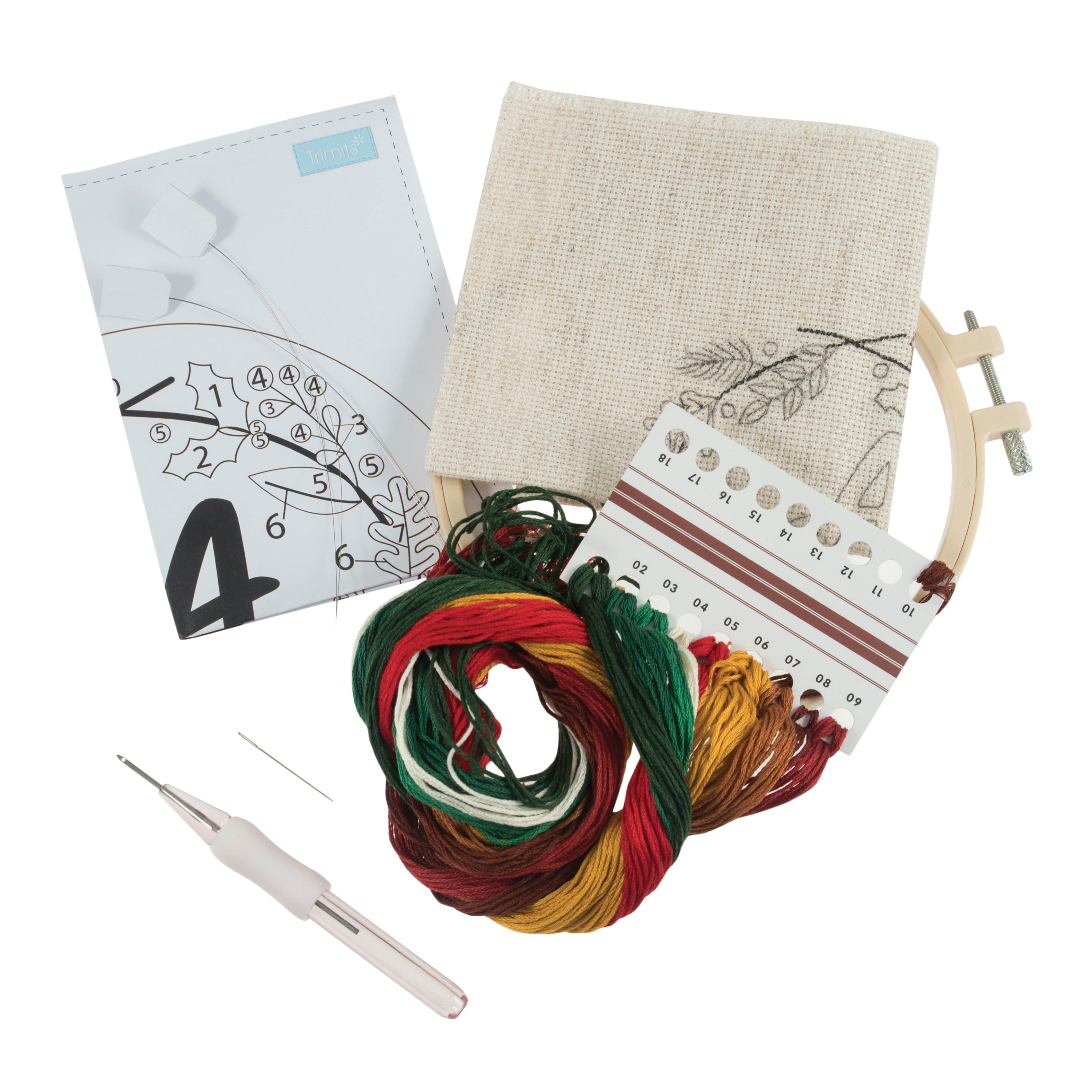 Trimits Punch Needle Kit Ð Floss and Hoop: Christmas Monogram Wreath, 15.2cm Diameter, Includes Floss, Hoop, Fabric, Punch Needle, and Instructions - 0