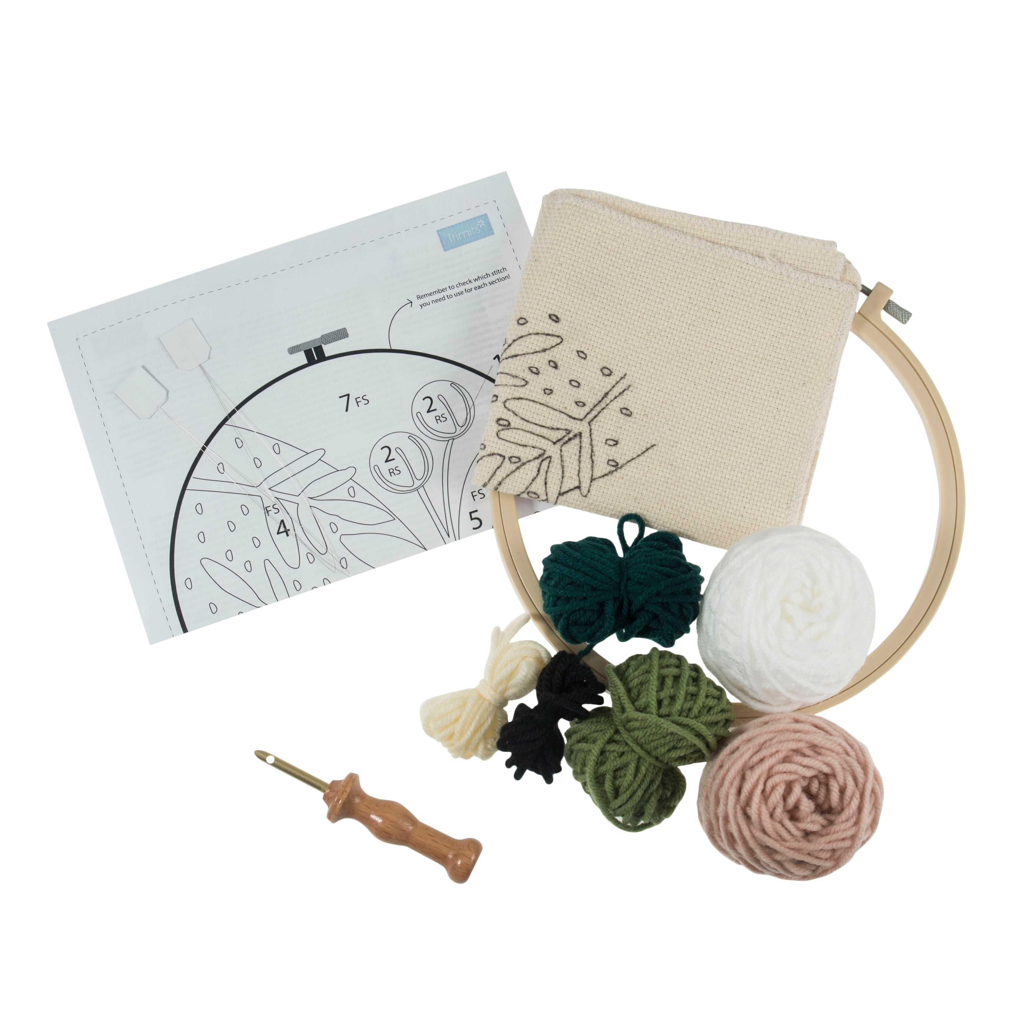 Trimits Punch Needle Kit Ð Yarn and Hoop: Foliage Floral, 20.3cm Diameter, Includes Yarn, Hoop, Fabric, Punch Needle, Instructions in EN, FR, GER - 0