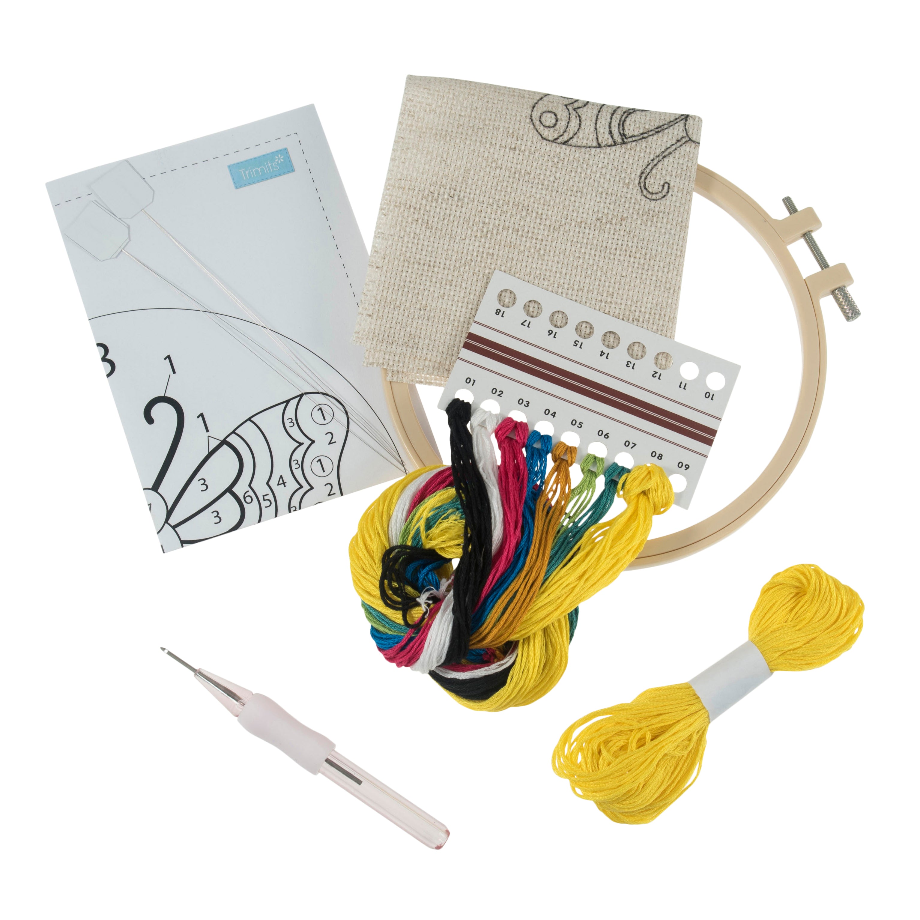 Trimits Punch Needle Kit Ð Floss and Hoop: Butterfly, 15.2cm Diameter, Includes Embroidery Floss, Hoop, Fabric, Punch Needle, Instructions in English, French, German - 0