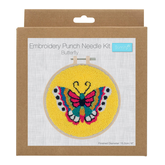 Kit de aguja perforadora Trimits, hilo y bastidor: mariposa, 15,2 cm de diámetro, incluye hilo de bordar, bastidor, tela, aguja perforadora, instrucciones en inglés, francés y alemán