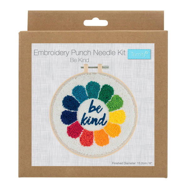 Trimits Punch Needle Kit Ð Floss and Hoop: Be Kind, 15.2cm Diameter, Includes Embroidery Floss, Hoop, Fabric, Punch Needle, Instructions in English, French, German