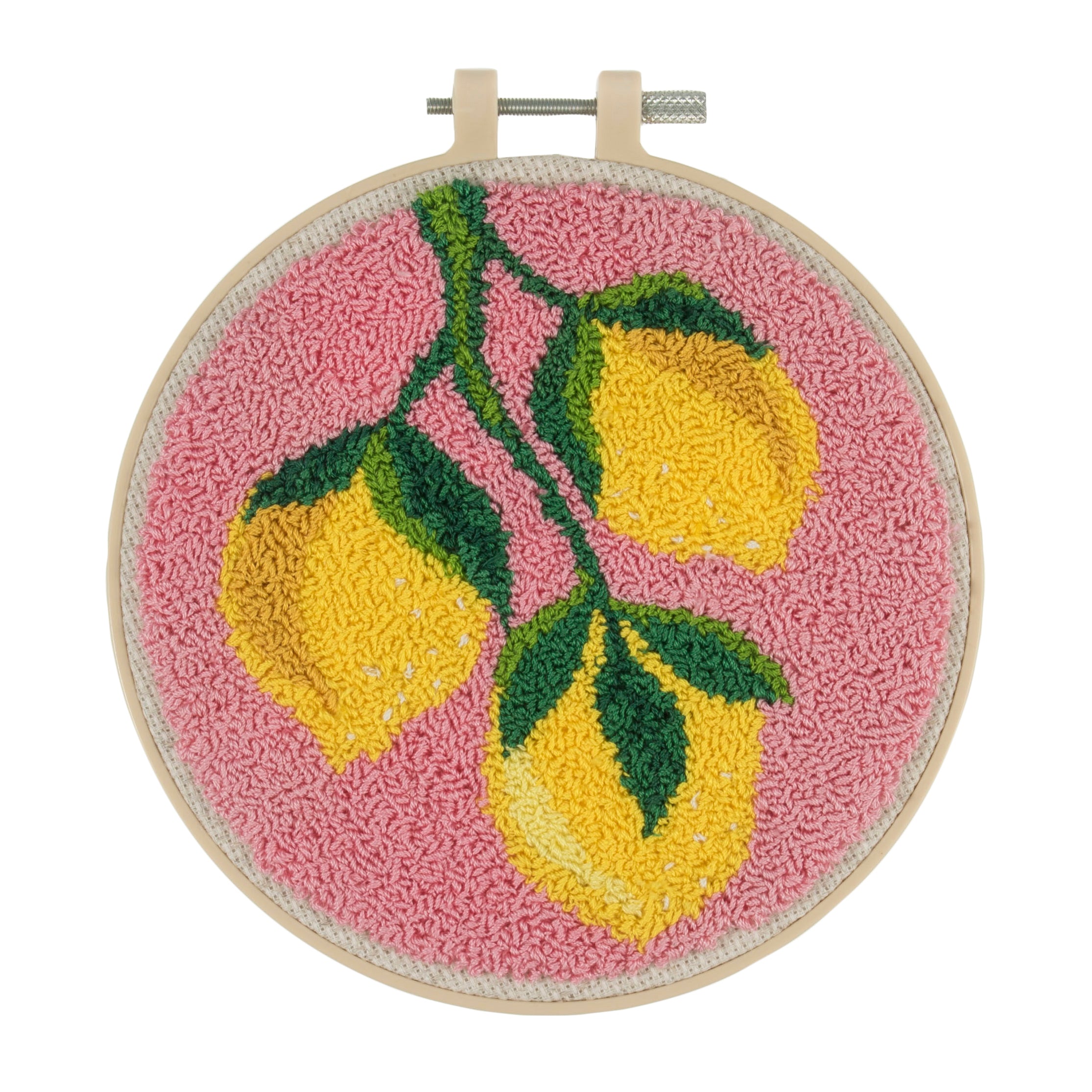 Trimits Punch Needle Kit Ð Floss and Hoop: Lemons, 15.2cm Diameter, Includes Embroidery Floss, Hoop, Fabric, Punch Needle, Instructions in English, French, German