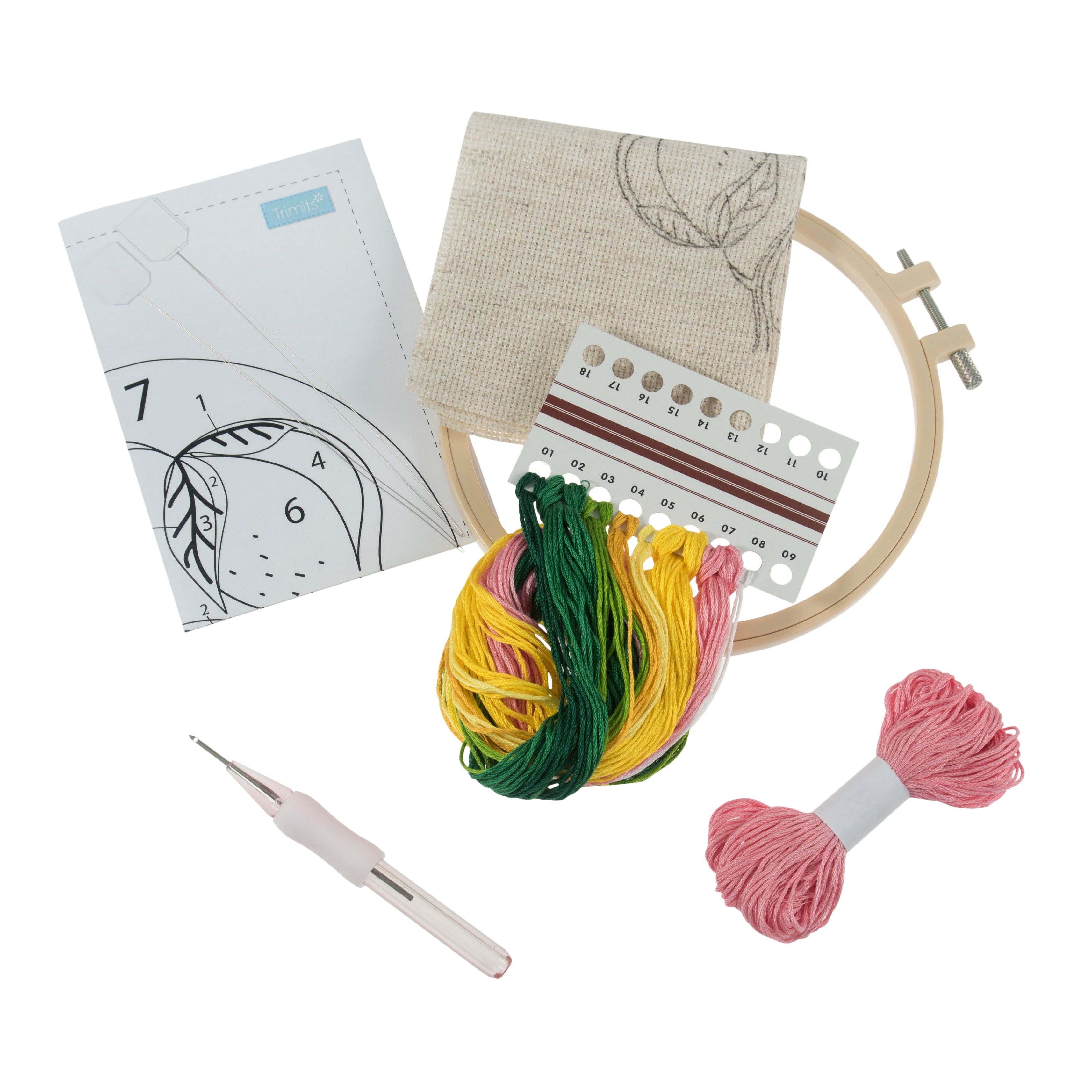 Trimits Punch Needle Kit Ð Floss and Hoop: Lemons, 15.2cm Diameter, Includes Embroidery Floss, Hoop, Fabric, Punch Needle, Instructions in English, French, German