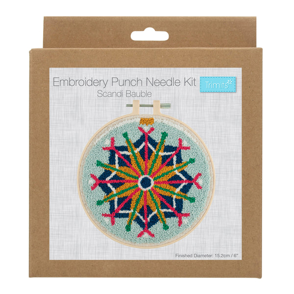 Trimits Punch Needle Kit Ð Floss and Hoop: Christmas Scandi Bauble, 15.2cm Diameter, Includes Floss, Hoop, Fabric, Punch Needle, and Instructions