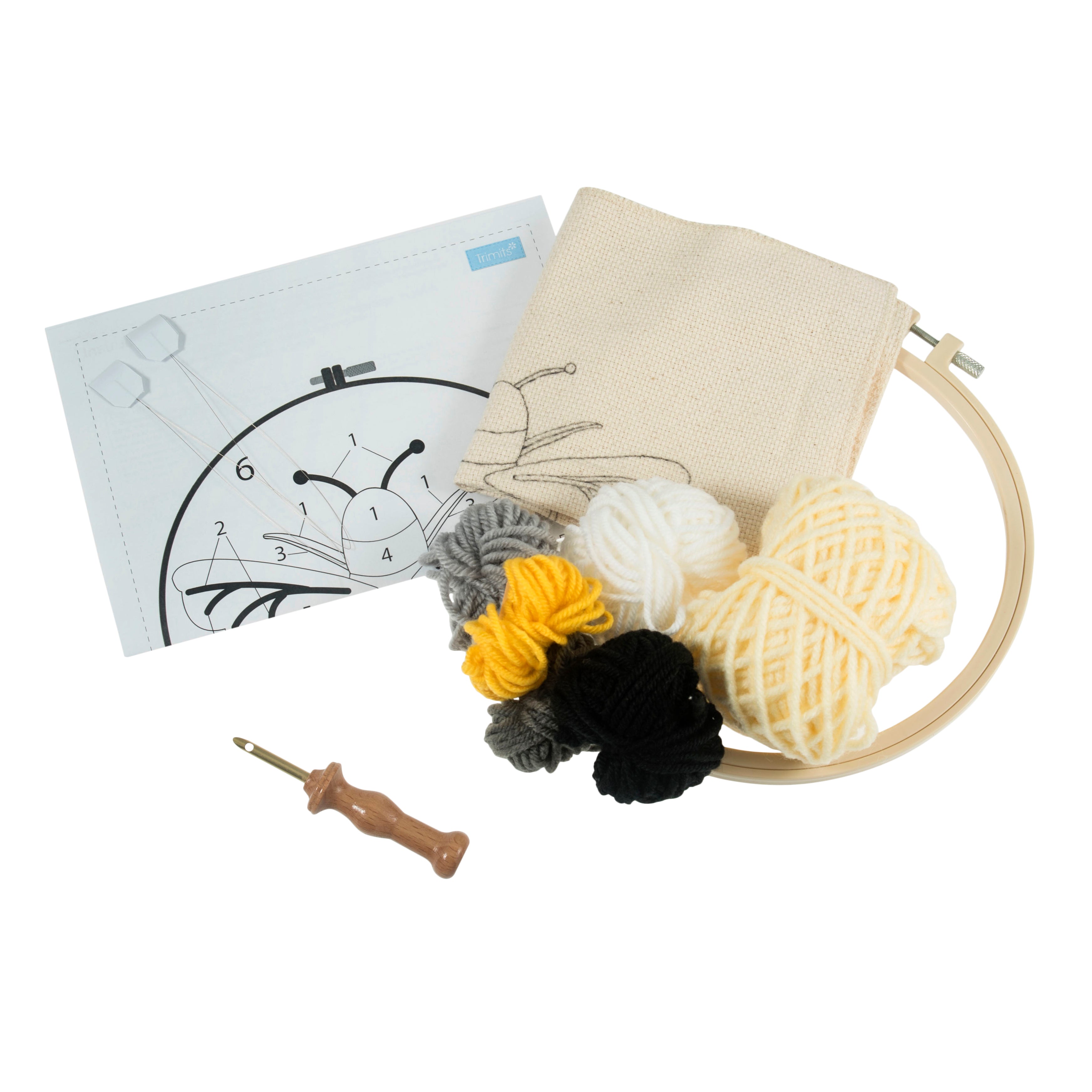 Kit de aguja perforadora Trimits: hilo y bastidor: abeja, 20,3 cm de diámetro, incluye hilo, bastidor, tela, aguja perforadora, instrucciones en EN, FR, GER