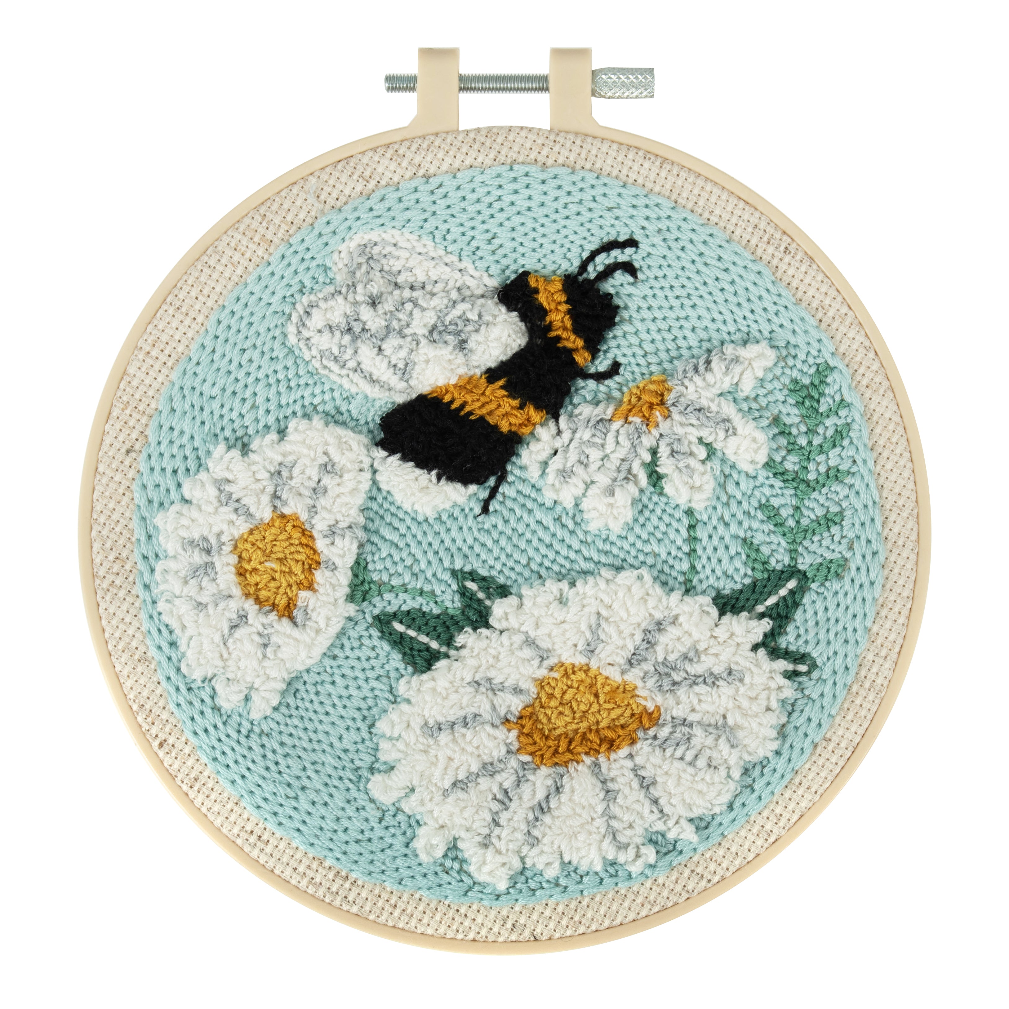 Trimits Punch Needle Kit Ð Floss and Hoop: Bees & Flowers, 15.2cm Diameter, Includes Embroidery Floss, Hoop, Fabric, Punch Needle, Instructions in English, French, German