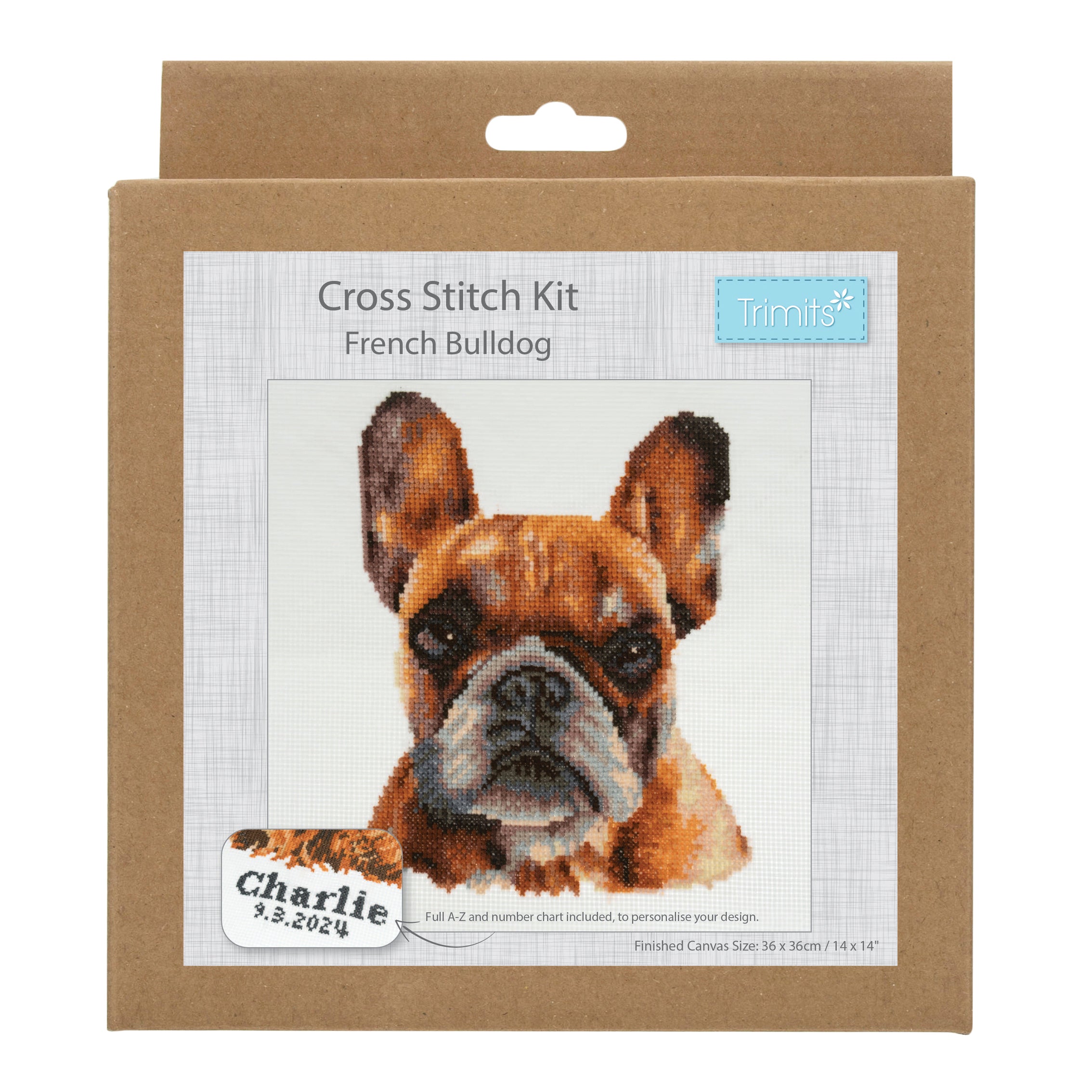 Trimits Counted Cross Stitch Kit Ð Large: French Bulldog, 36x36cm, Includes Aida Fabric, Pre-Sorted Threads, Needle, Personalizing Alphabet, Instructions in English, French, German - 0