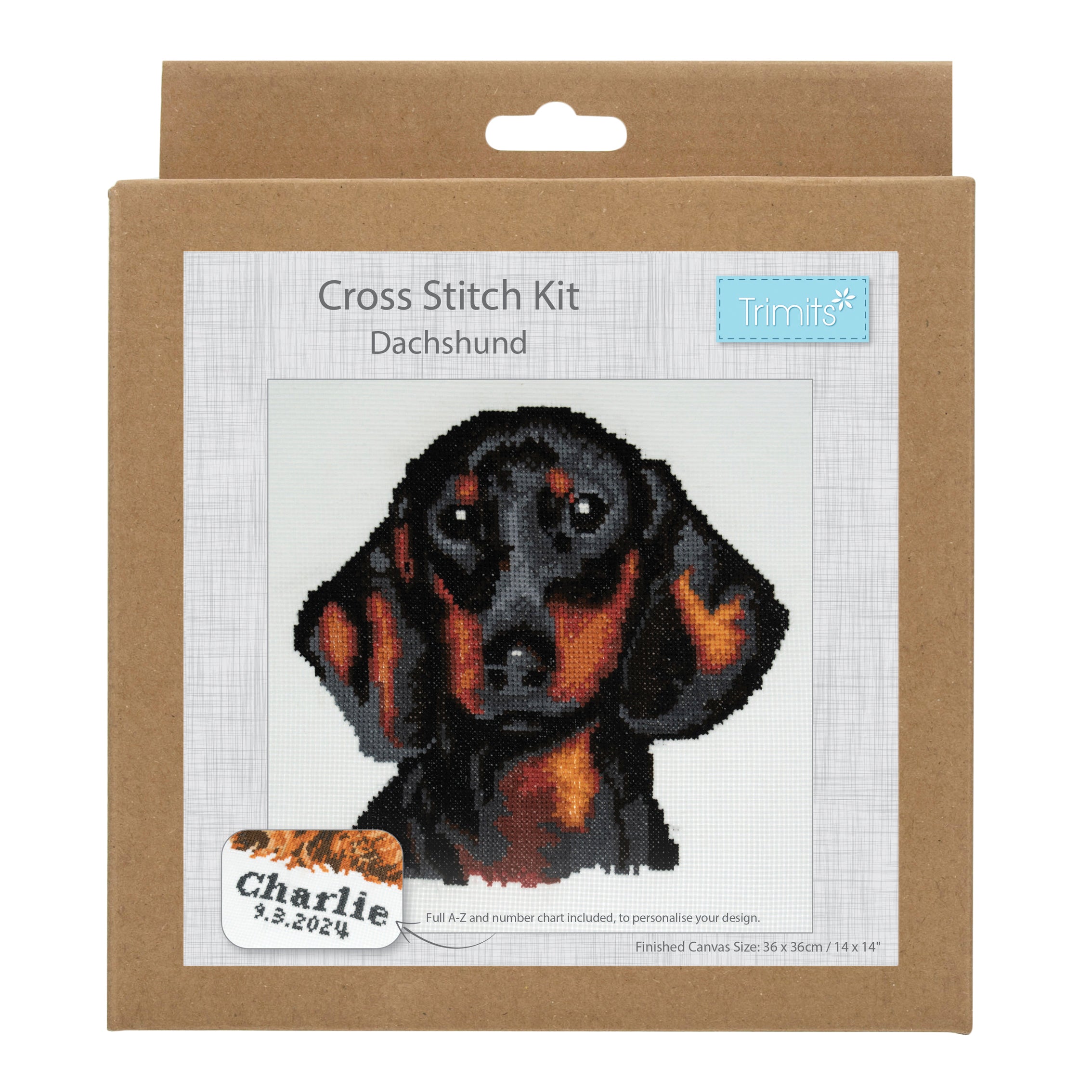 Kit de punto de cruz contado Trimits Ð Grande: Dachshund, 36x36cm, incluye tela Aida, hilos preclasificados, aguja, alfabeto personalizable, instrucciones en inglés, francés y alemán