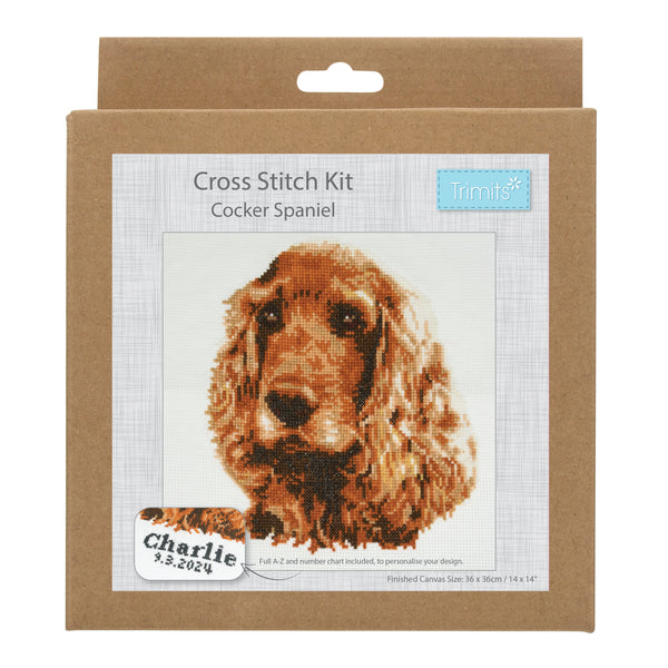 Trimits Counted Cross Stitch Kit Ð Large: Cocker Spaniel, 36x36cm, Includes Aida Fabric, Pre-Sorted Threads, Needle, Personalizing Alphabet, Instructions in English, French, German