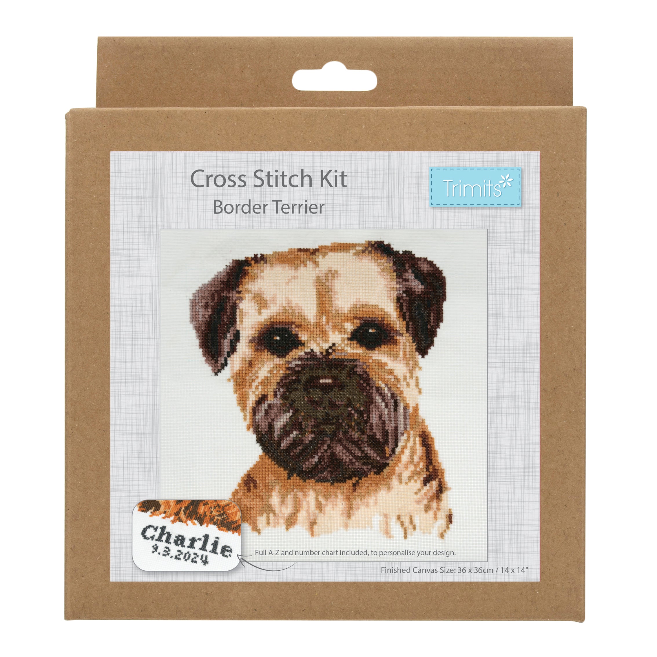 Trimits Counted Cross Stitch Kit Ð Large: Border Terrier, 36x36cm, Includes Aida Fabric, Pre-Sorted Threads, Needle, Personalizing Alphabet, Instructions in English, French, German - 0