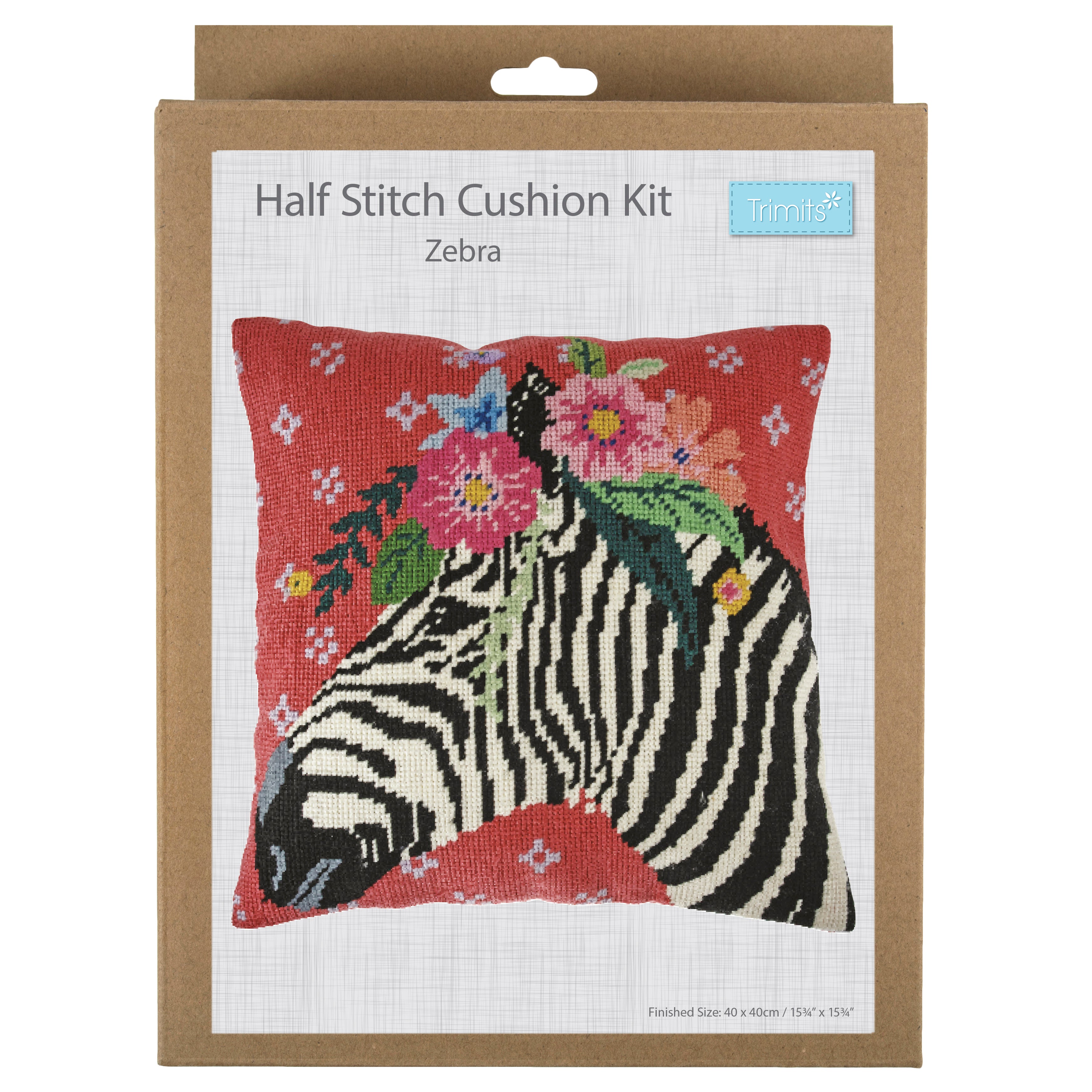 Trimits Half Stitch Tapestry Kit Ð Cushion: Zebra, 40x40cm, Includes Pre-Printed Canvas, Acrylic Yarns, Needle, Cushion Back, Instructions in English, French, German