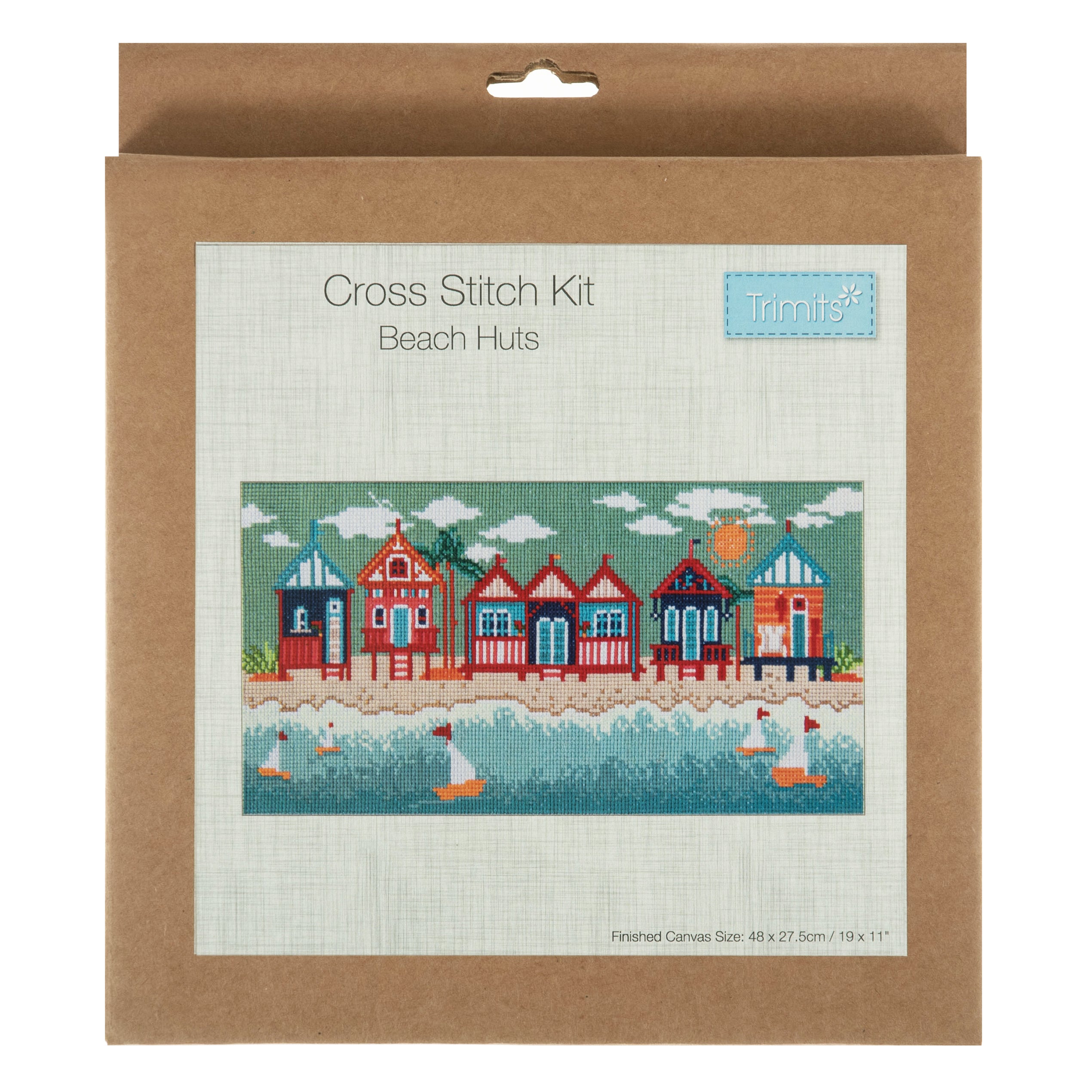 Kit de punto de cruz contado Trimits Ð Grande: Cabañas de playa, 36 x 36 cm, incluye tela Aida, hilos preclasificados, aguja, alfabeto personalizable, instrucciones en inglés, francés y alemán