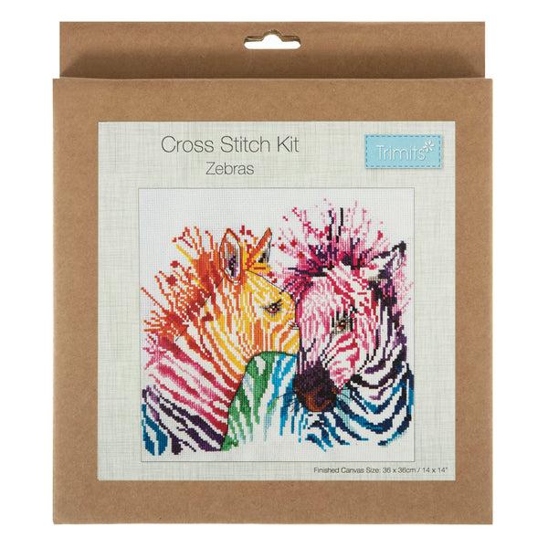 Trimits Counted Cross Stitch Kit Ð Large: Zebras, 36x36cm, Includes Aida Fabric, Pre-Sorted Threads, Needle, Personalizing Alphabet, Instructions in English, French, German