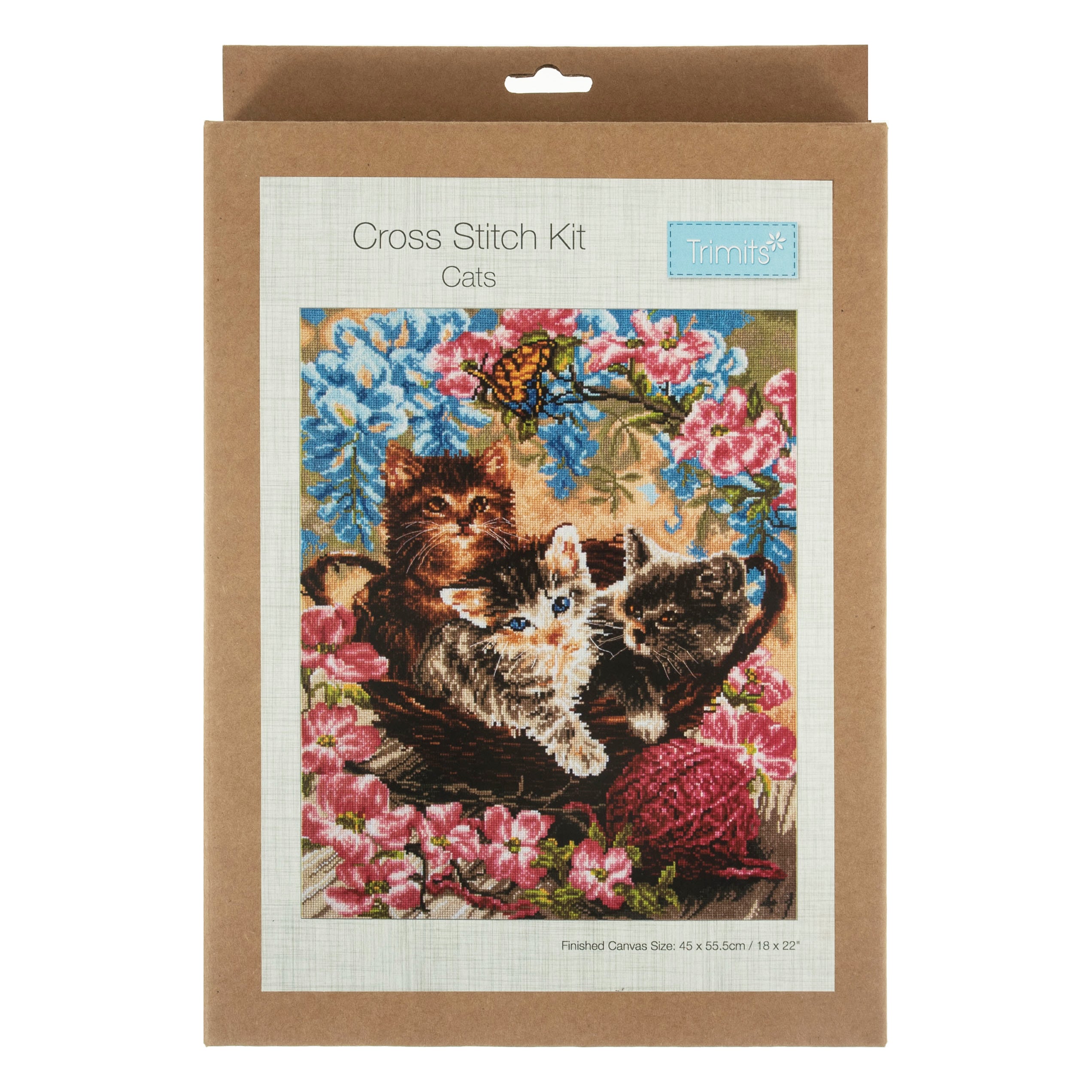 Kit de punto de cruz contado Trimits Ð Grande: Gatos, 36 x 36 cm, incluye tela Aida, hilos preclasificados, aguja, alfabeto personalizable, instrucciones en inglés, francés y alemán