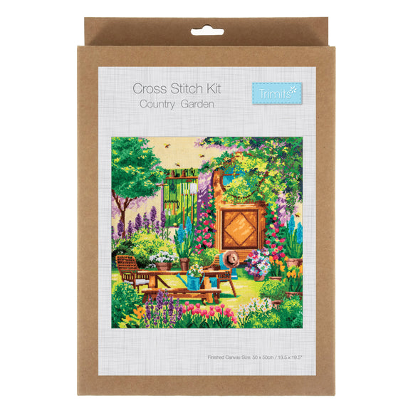 Kit de punto de cruz contado Trimits, tamaño extragrande: Country Garden, 50 x 50 cm, incluye tela Aida, hilos preseleccionados, aguja, instrucciones en inglés, francés y alemán