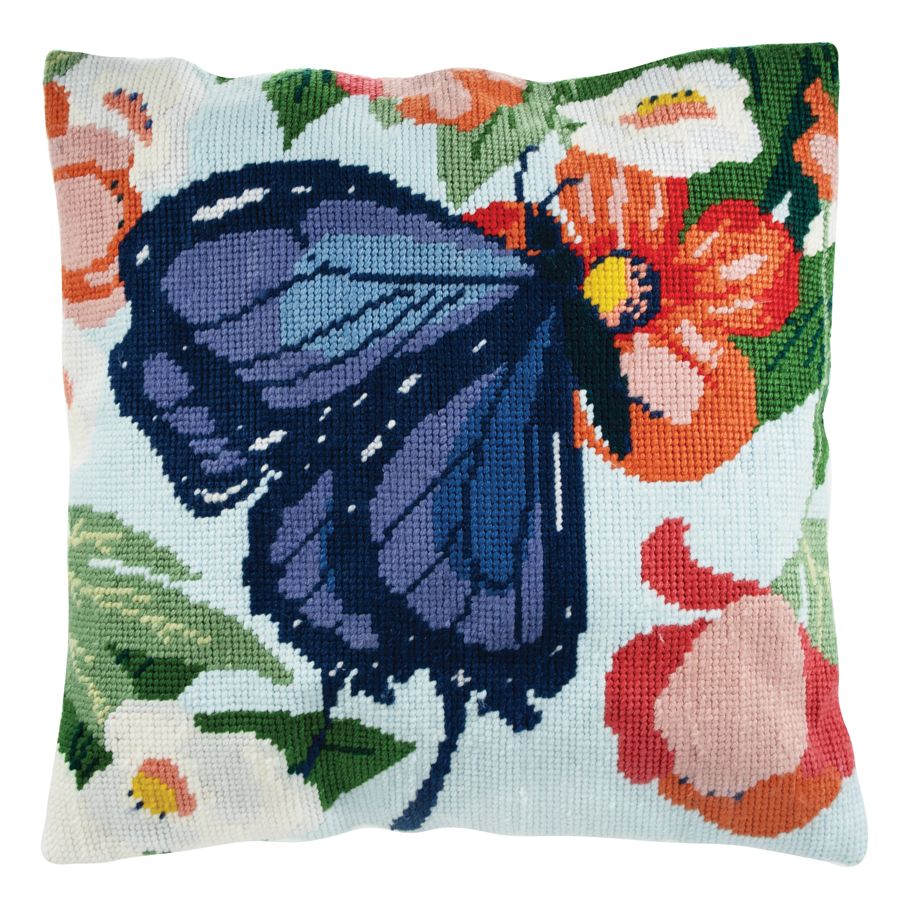 Trimits Half Stitch Tapestry Kit Ð Cushion: Butterfly, 40x40cm, Includes Pre-Printed Canvas, Acrylic Yarns, Needle, Cushion Back, Instructions in English, French, German