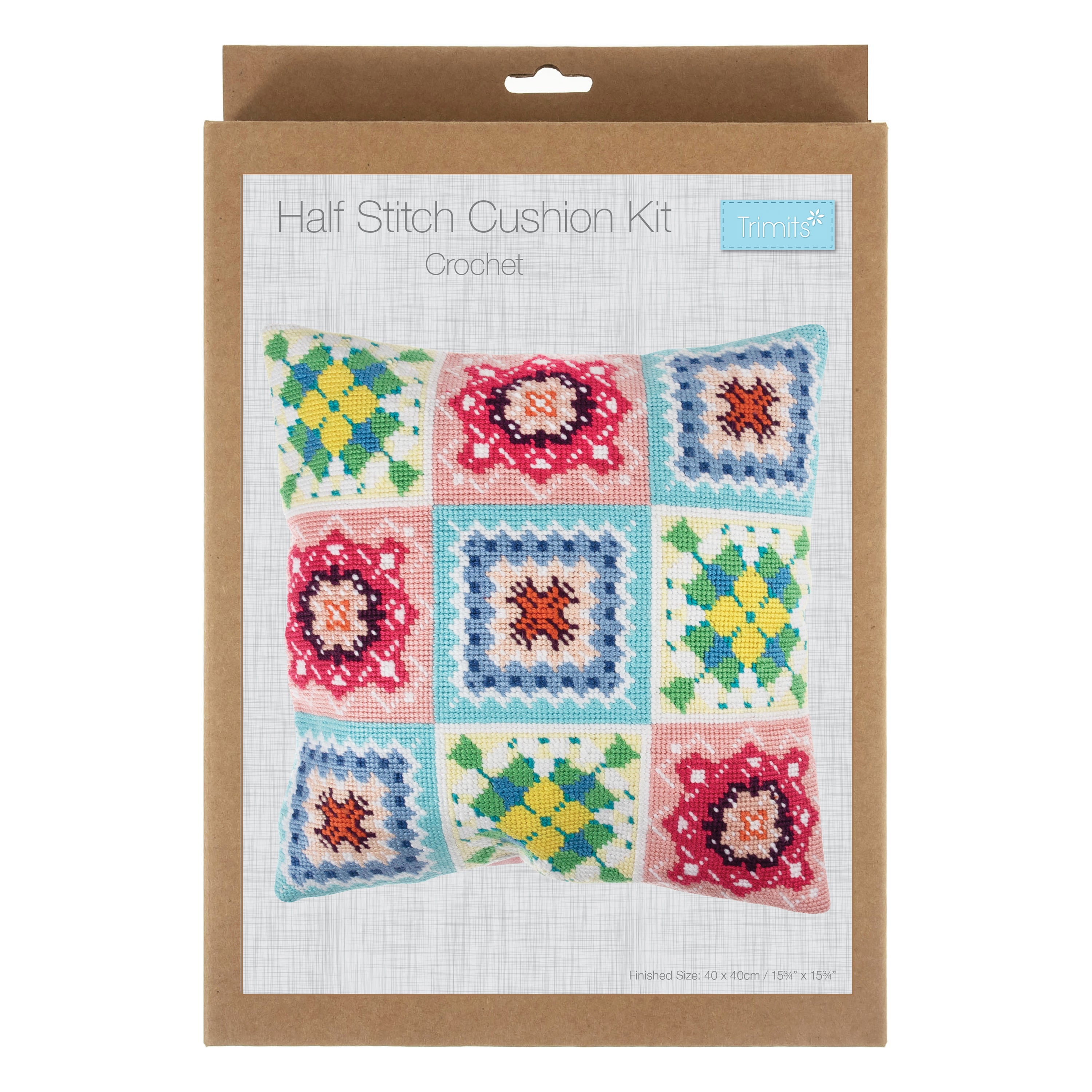 Trimits Half Stitch Tapestry Kit Ð Cushion: Crochet, 40x40cm, Includes Pre-Printed Canvas, Acrylic Yarns, Needle, Cushion Back, Instructions in English, French, German