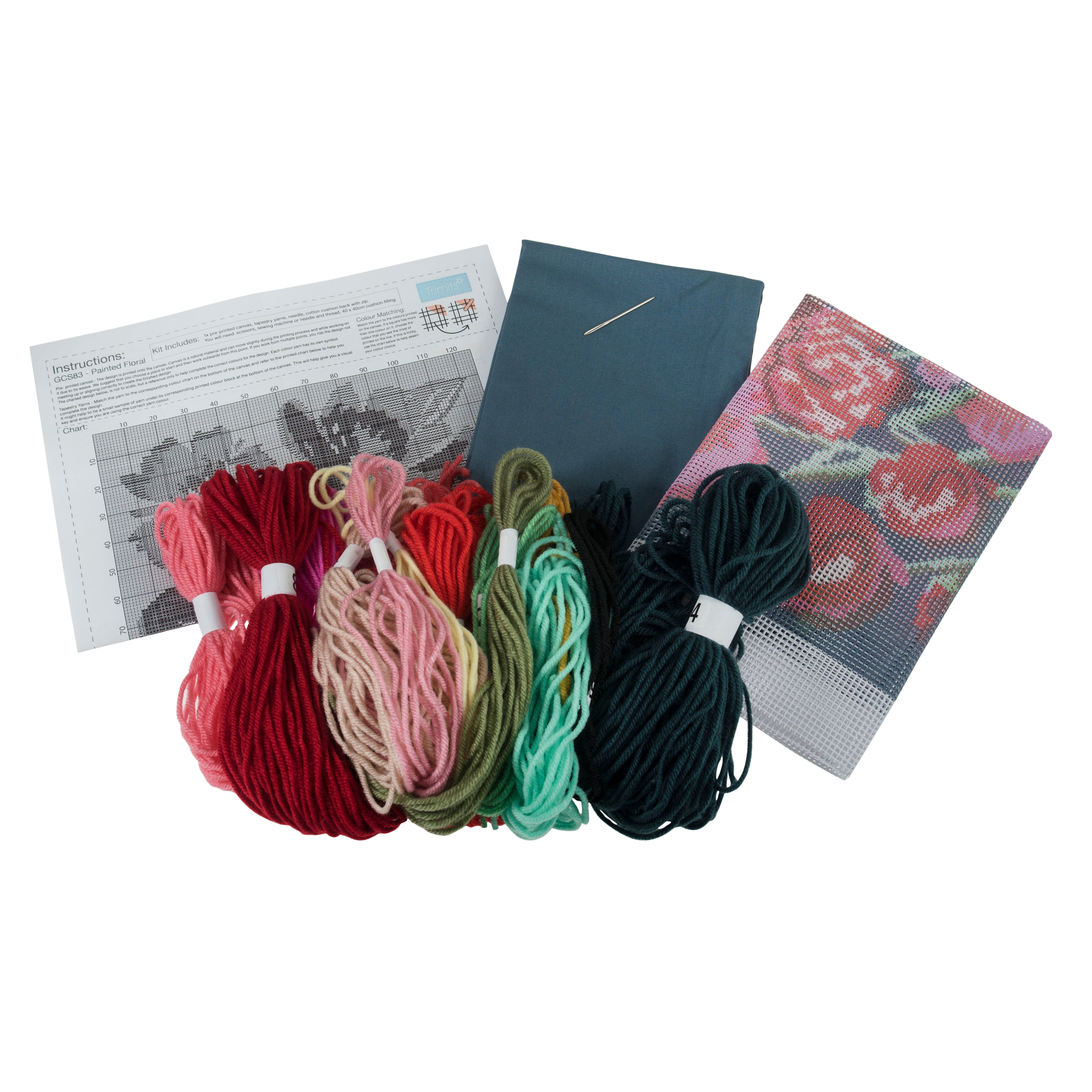 Trimits Half Stitch Tapestry Kit Ð Cushion: Painted Floral, 40x40cm, Includes Pre-Printed Canvas, Acrylic Yarns, Needle, Cushion Back, Instructions in English, French, German