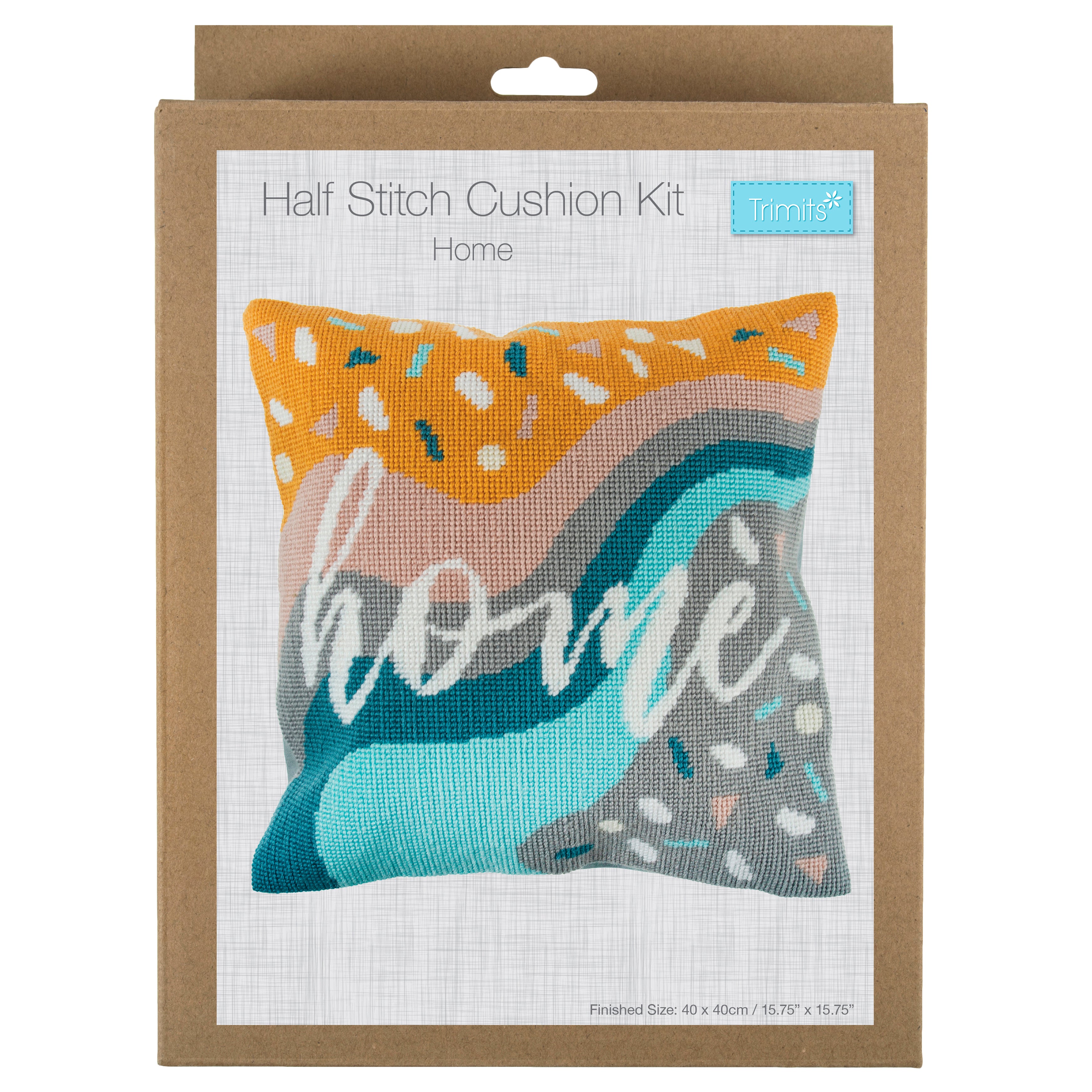 Trimits Half Stitch Tapestry Kit Ð Cushion: Home, 40x40cm, Includes Pre-Printed Canvas, Acrylic Yarns, Needle, Cushion Back, Instructions in English, French, German