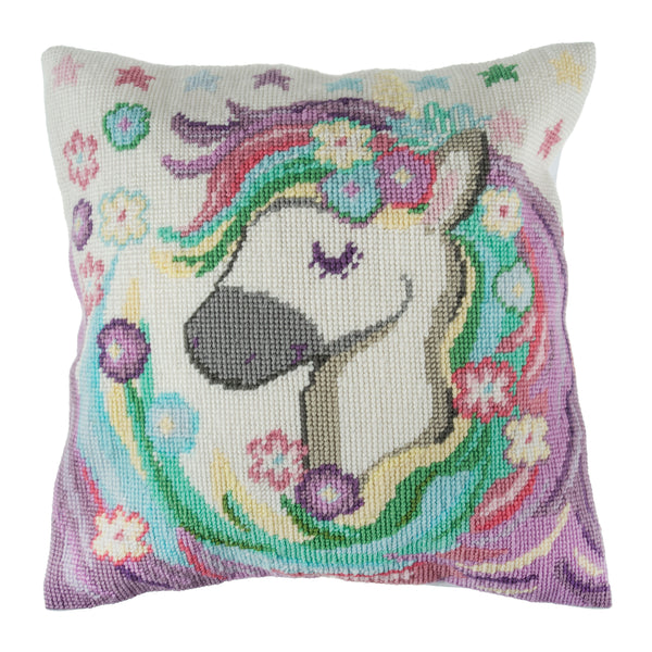 Trimits Half Stitch Tapestry Kit Ð Cushion: Unicorn, 40x40cm, Includes Pre-Printed Canvas, Acrylic Yarns, Needle, Cushion Back, Instructions in English, French, German